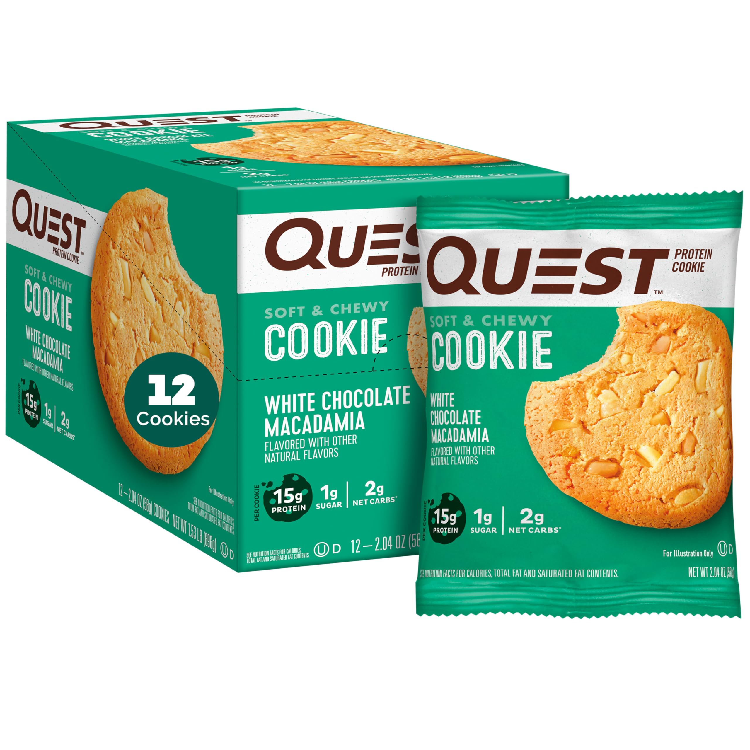 BBD: 06/26/2025. Quest Nutrition, White Chocolate Macadamia Flavored Protein Cookie, Soft & Chewy, 15g Protein, 1g Sugar, 2g Net Carbs, Keto Friendly, 12 Count