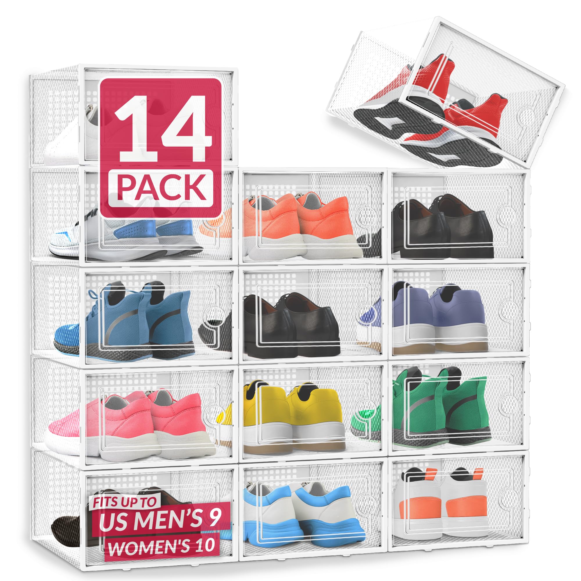 Photo 1 of **MISSING PARTS**
Reli. Shoe Boxes (14 Pack) | Clear Shoe Storage Boxes Stackable and Compact | Lightweight Plastic Storage Box with Ventilation Holes, Swing Door | Interlocking Containers, Stackable Rack | White