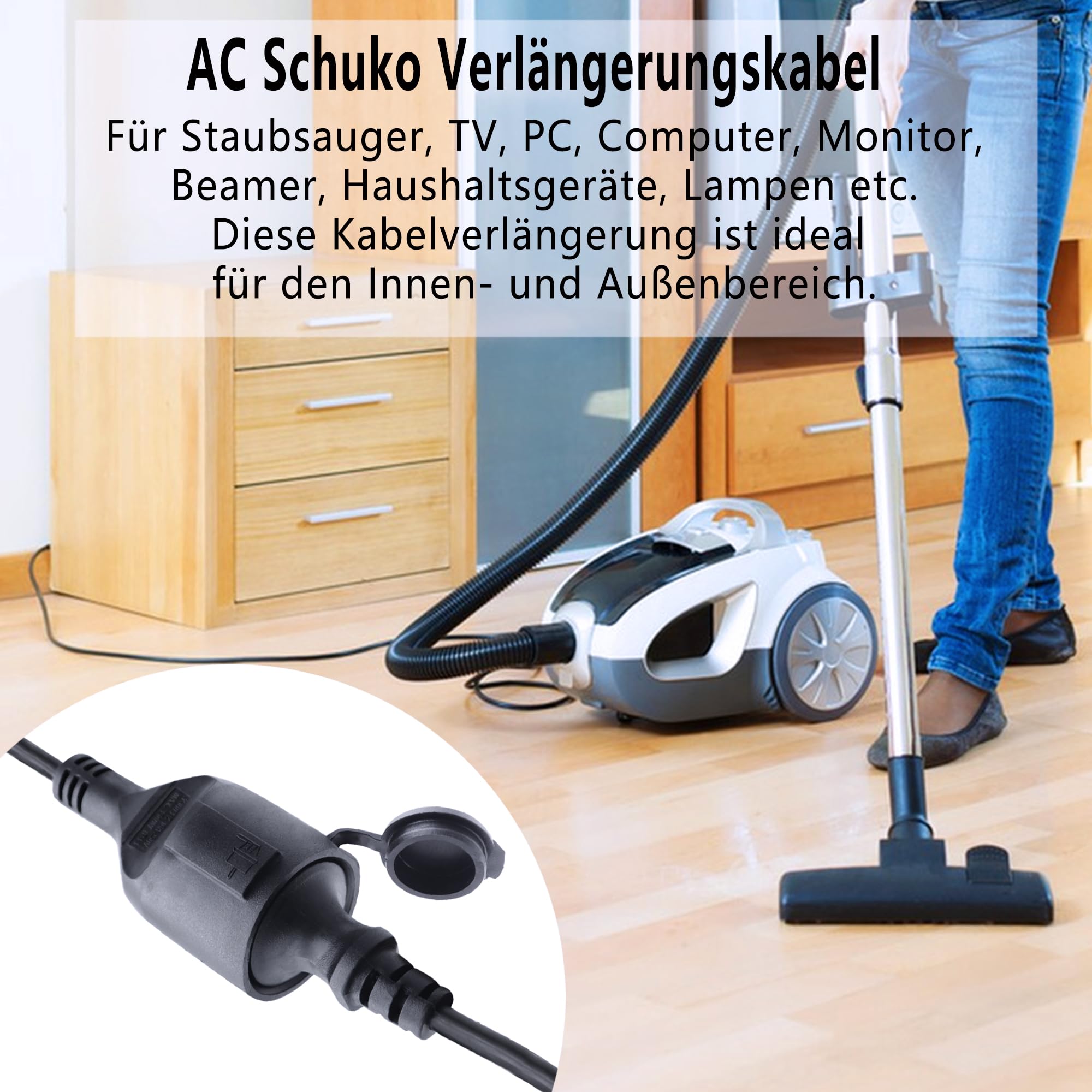 Cavo di prolunga corto Schuko 2 a 1, cavo di prolunga per esterni con spina Schuko, 3 x 1,5 mm², 16 A, 250 V, IP44 per casa, Y (nero diretto, 0,5)