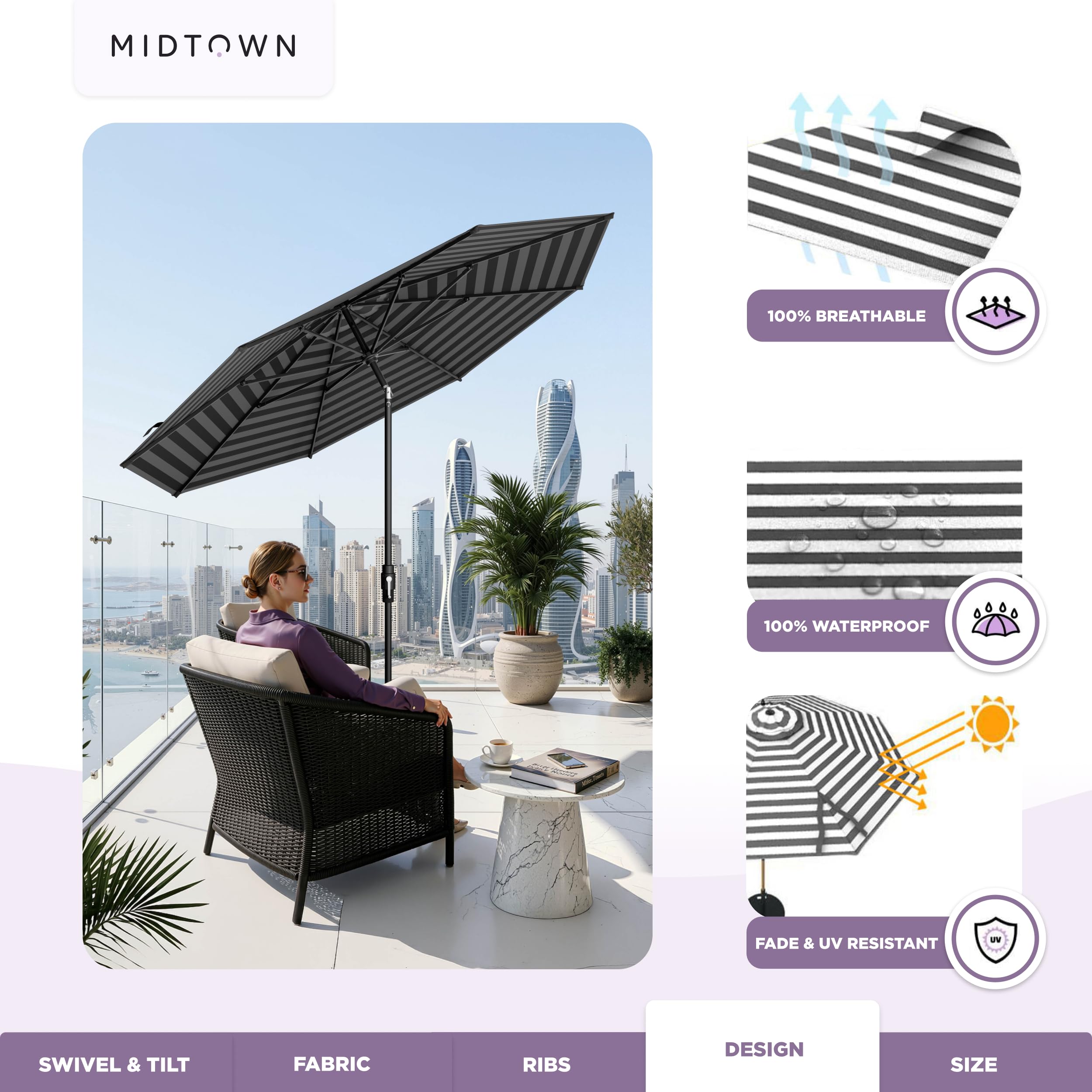 Midtown Umbrellas – The Swilt 8 Ft Patio Umbrella with 360° Swivel & Tilt Mechanism, Sunbrella Fabric & 8 Fiberglass Ribs – Outdoor Umbrella for Deck, Pool & Cafes –