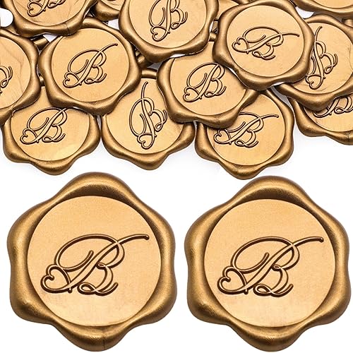 Miniatura 7 de SWANGSA Paquete de 50 calcomanías de sello de cera con letra A, diseño de corazón dorado antiguo, calcomanías de cera con inicial, invitación de