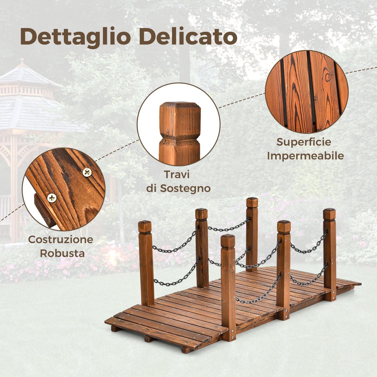 COSTWAY Ponte da Giardino in Legno, Ponte Decorativo con Finitura Tinta e Catena di Sicurezza, Ponte ad Arco in Legno per Giardino, Patio, Cortile e Fattoria, Carico 80 kg