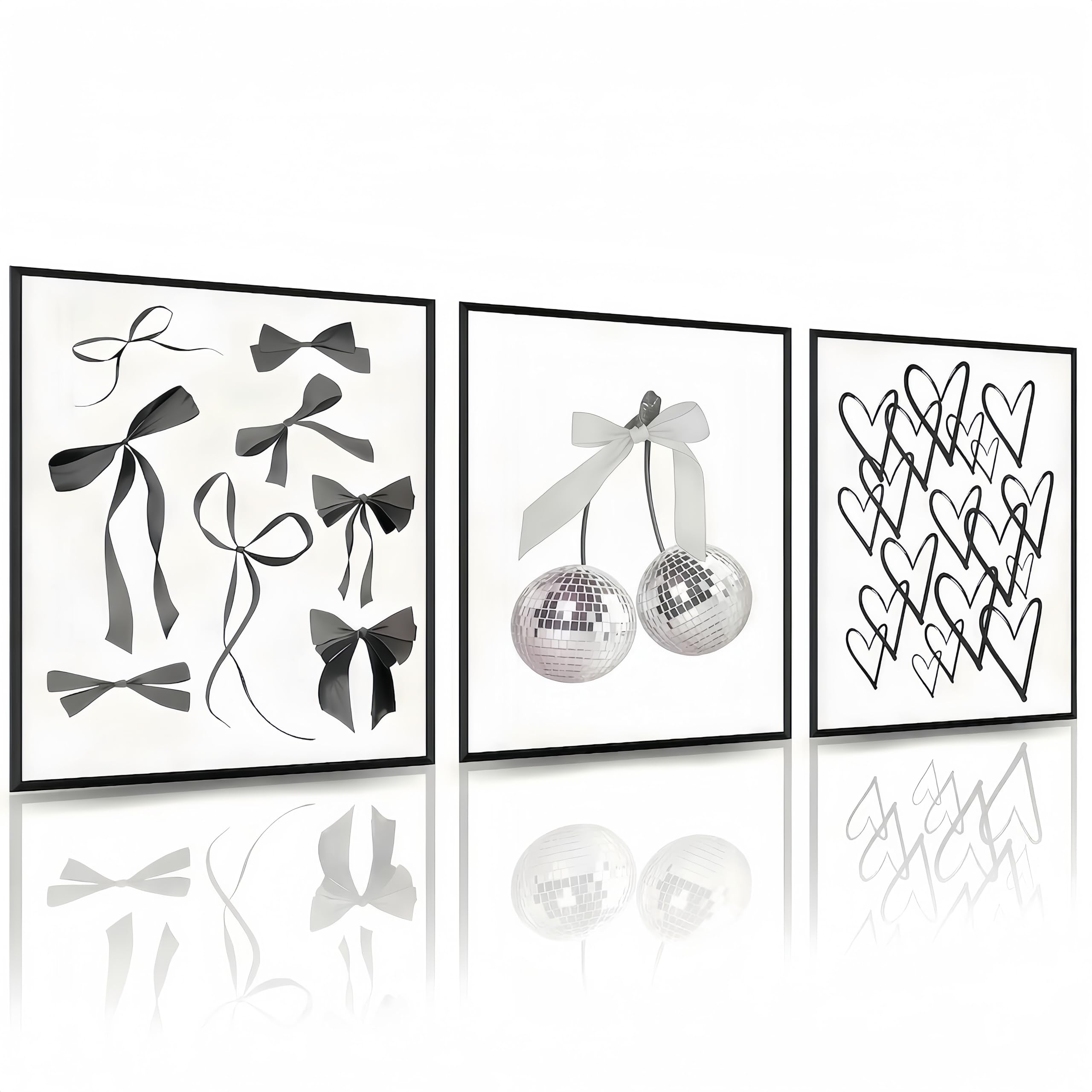 Linilioart 3pcs Black and White Trendy Preppy Wall Art Vintage Girl Funky Aesthetic Bow Wall Decor Coquette Room Decor for Girls Bedroom, Unframed (40x60cm)