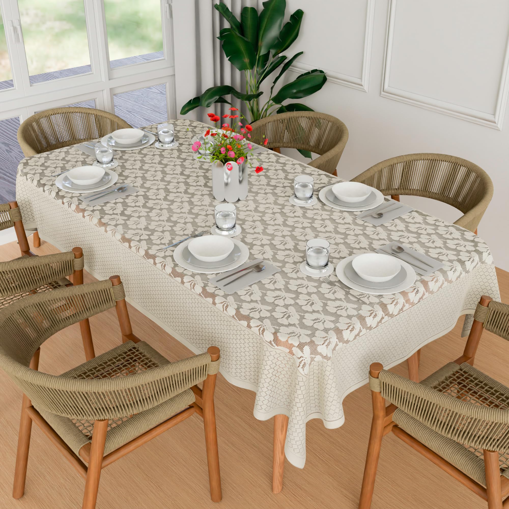 Kuber Industries Dining Table Cover | 60x90 Inch | 6-Seater Table Cover | Net Tabletop Cover | Hotels-Restaurants Table Cover | Dining Table Cloth | Plain Leonardo Flower Print | DTC | Cream-image-47
