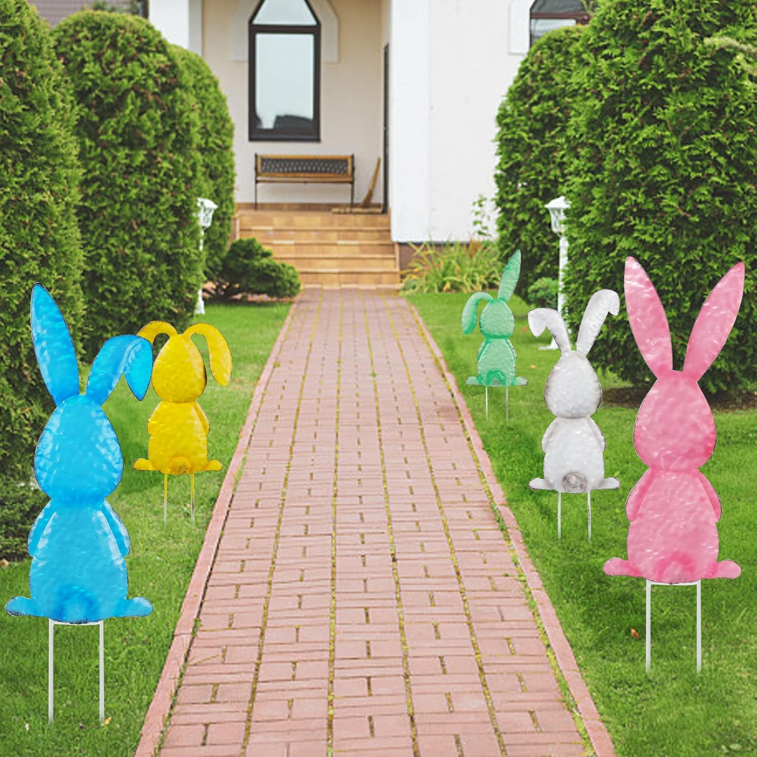 Joliyoou Easter Yard Signs, Set of 5 Metal Easter Bunny Stakes, Assorted Colorful Standing Rabbits Stake for Front Door Spring Lawn Garden Holiday Outdoor Decorations