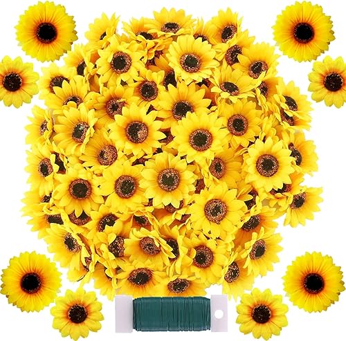 Woohome 120 cabezas de girasol artificiales en amarillo, 2.8 pulgadas y 3.5 pulgadas, girasoles de seda para el hogar, jardín, boda, fiesta,