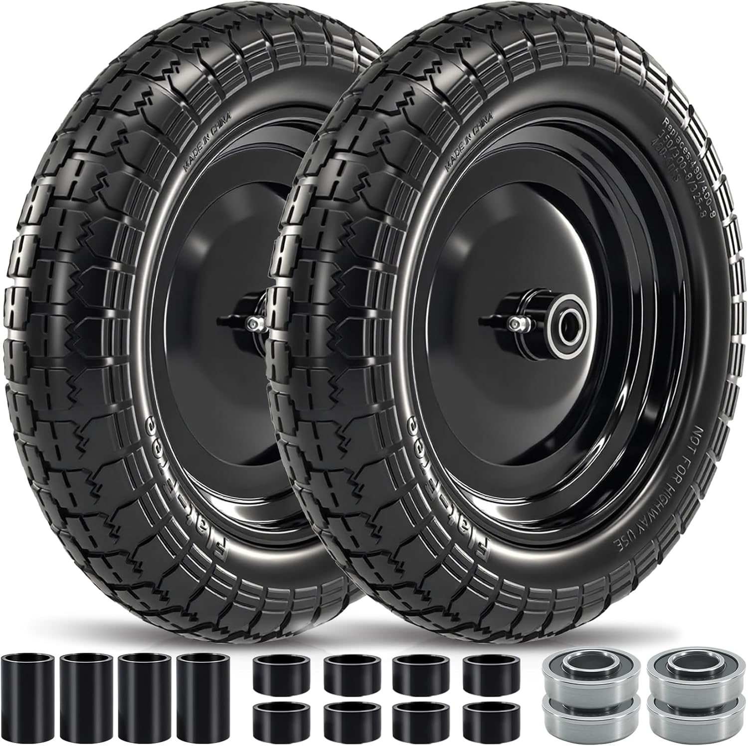 4.80/4.00-8 Tire and Wheel, Wheelbarrow Tire Flat Free with 5/8” Extra 3/4” Bearings, 3”-7” Centered Hub, 14.5” Solid Wheelbarrow Tires for Garden Cart, Dolly (2 Pack) black