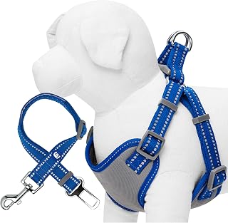 Blueberry Pet Pastel Colored Reflective Dog Harness with Seatbelt Clip – Adjustable No-Pull Pet Vest for Walking and Car Safety, Large Size in Navy Blue