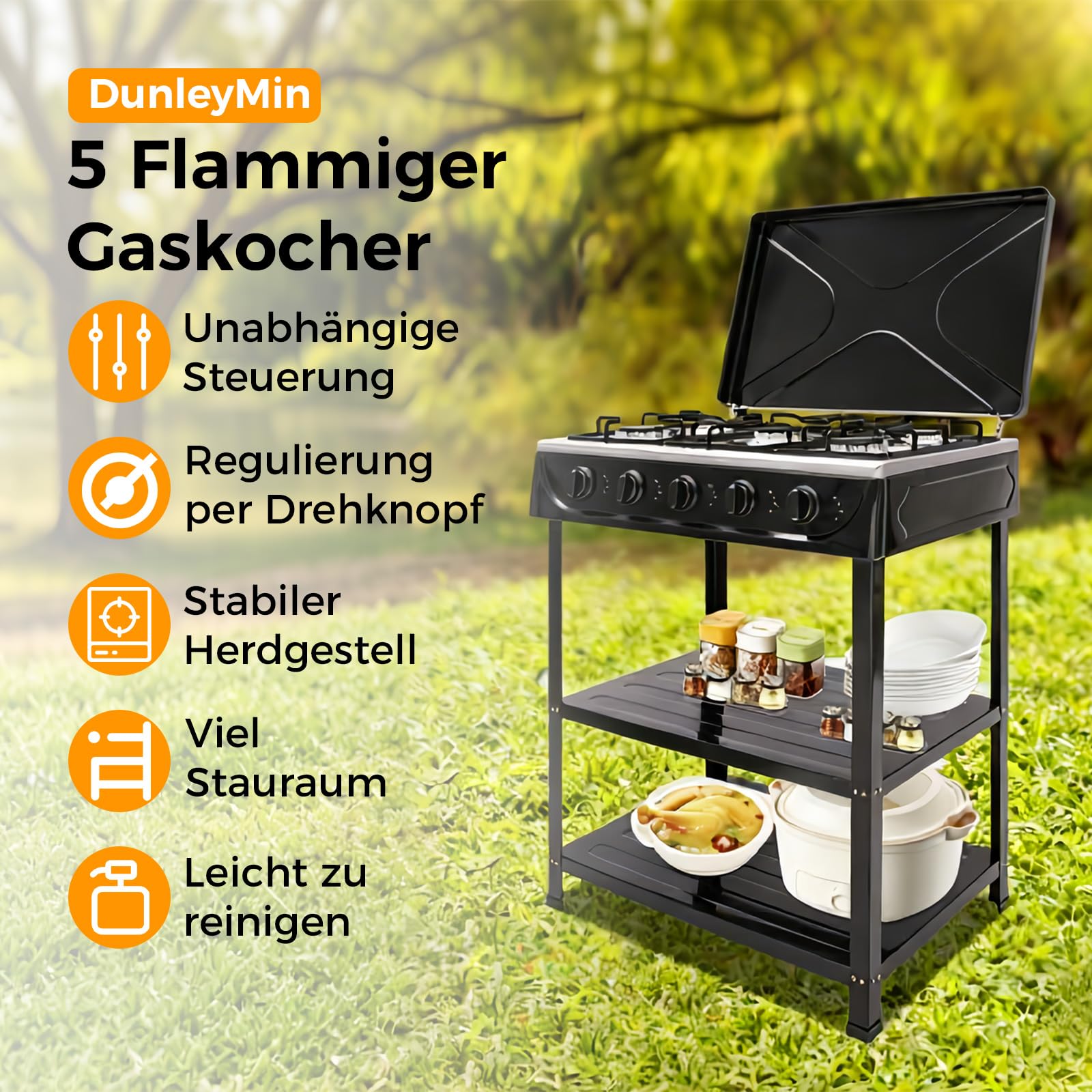 5 Flammiger Gaskocher Outdoor Campingkocher mit Stützbeinständer und windblockierender Abdeckung Freistehender Gaskochfeld für Wohnmobil, Wohnung, Kochen im Freien (Schwarz)