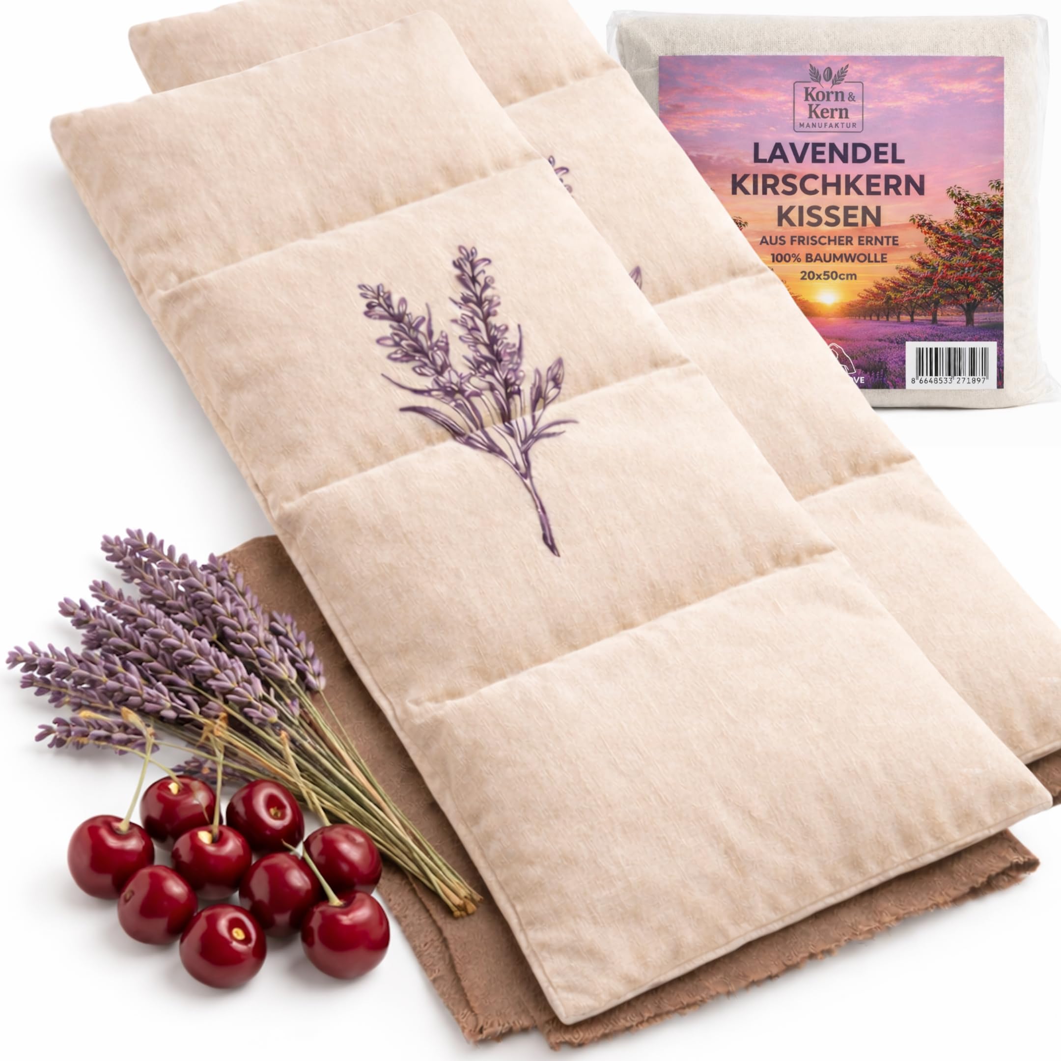 Kirschkernkissen mit Lavendel groß – Mikrowellengeeignetes Wärmekissen gegen Verspannungen in Nacken, Schultern und Rücken – natürliche Kirschkerne - getrockneter Lavendel– 20x50 cm (2er Packung)