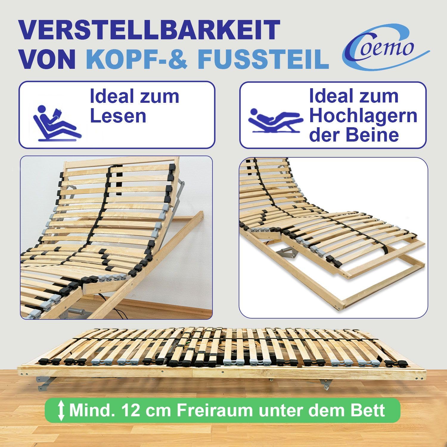 Coemo 7-Zonen Lattenrost Ergo KF mit Motor Kopf- und Fußteil elektrisch verstellbar, 28 Federleisten, individuelle Härtegradeinstellung, mit Notstromabsenkung, Bausatz, 90 x 200 cm
