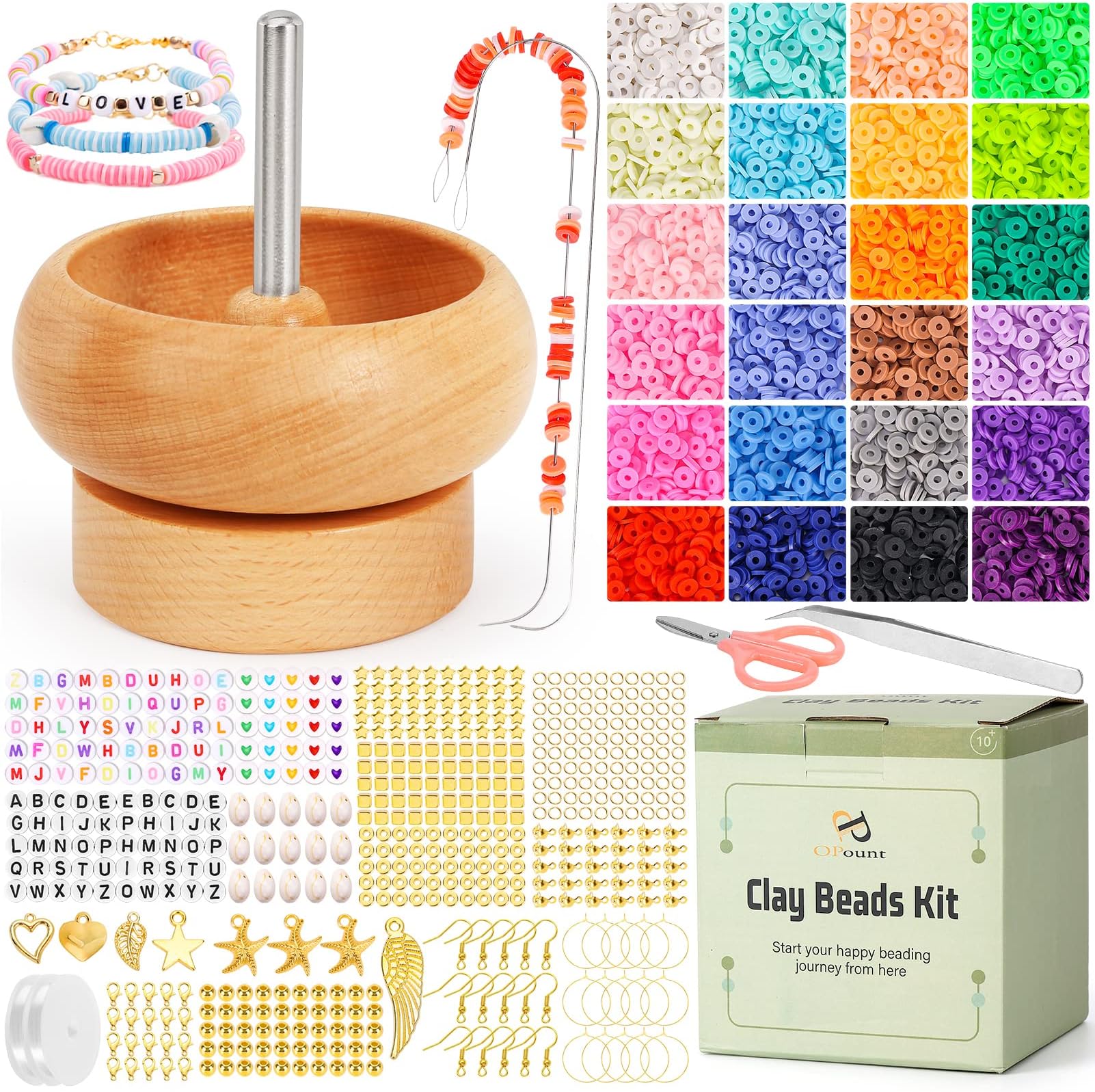 PP OPOUNT Clay Beads Kit with Bead Spinner, Bead Spinners Kits with 4800 PCS Clay Beads, 632 PCS Jewelry Accessories and Big Eye Beading Needles for Jewelry Making