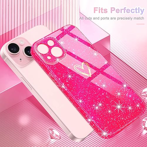 Miniatura 4 de Funda para iPhone 15, con 1 protector de pantalla de vidrio templado purpurina transparente Bonita funda brillante para teléfono a prueba de golpes,