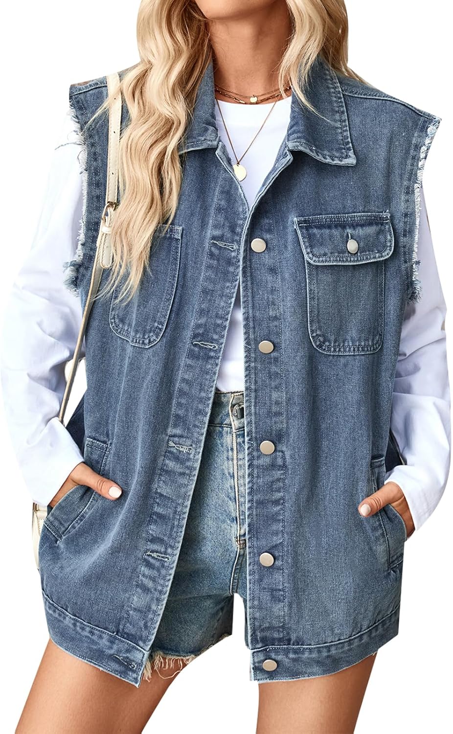 MINTLIMIT Women's Denim Vest Oversized Button Down Jean Vest Vintage Sleeveless Distressed Denim Jacket