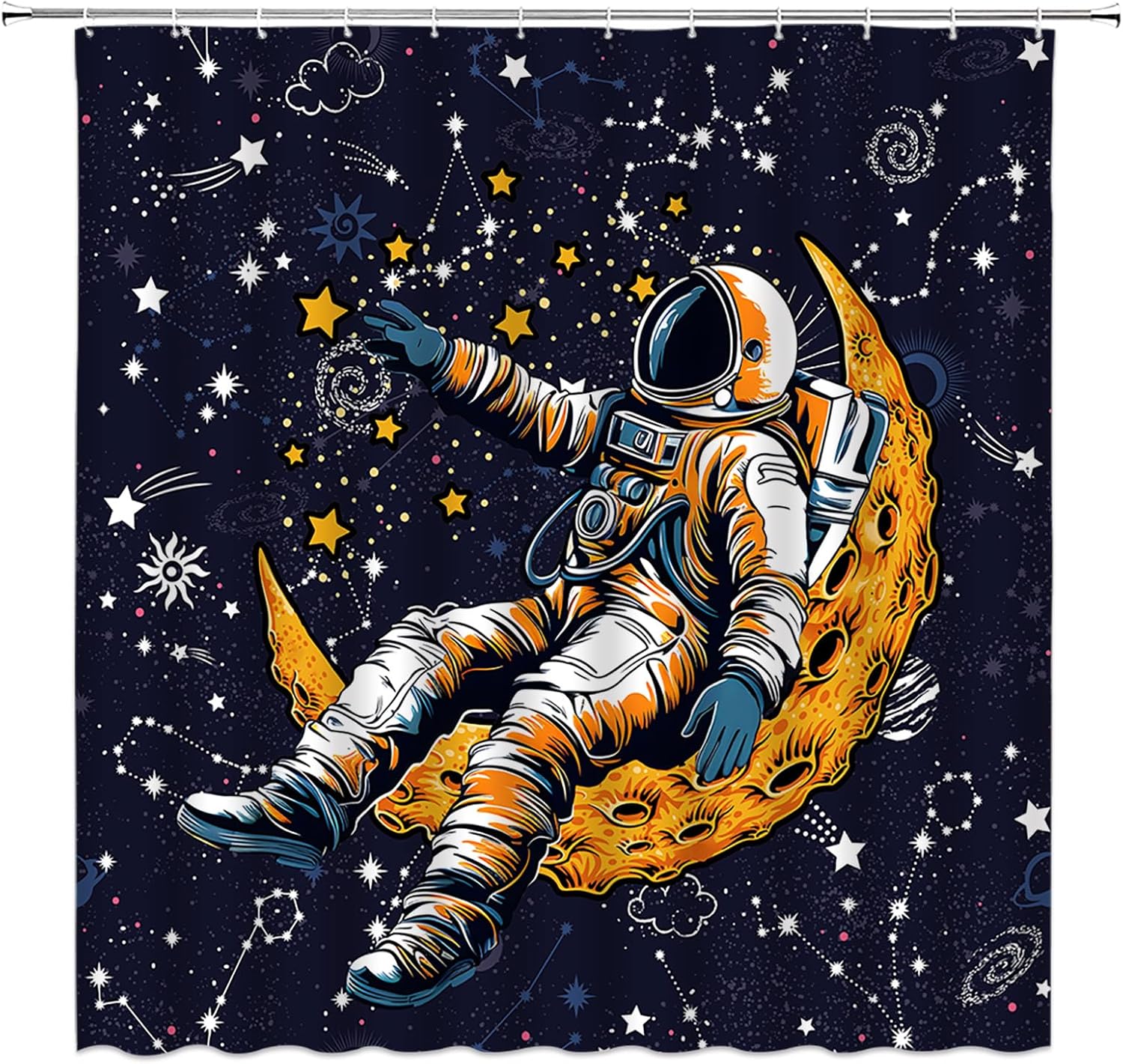 GCTNBJL Funny Astronauts Shower Curtain Great Wave Moon Star Ocean Sea Wave Hokusai Japan Mount Fuji Starry Sky Galaxy Nebula Black White Orange Extra Long Bathroom Home Curtain with Hooks,70" Wx78 H