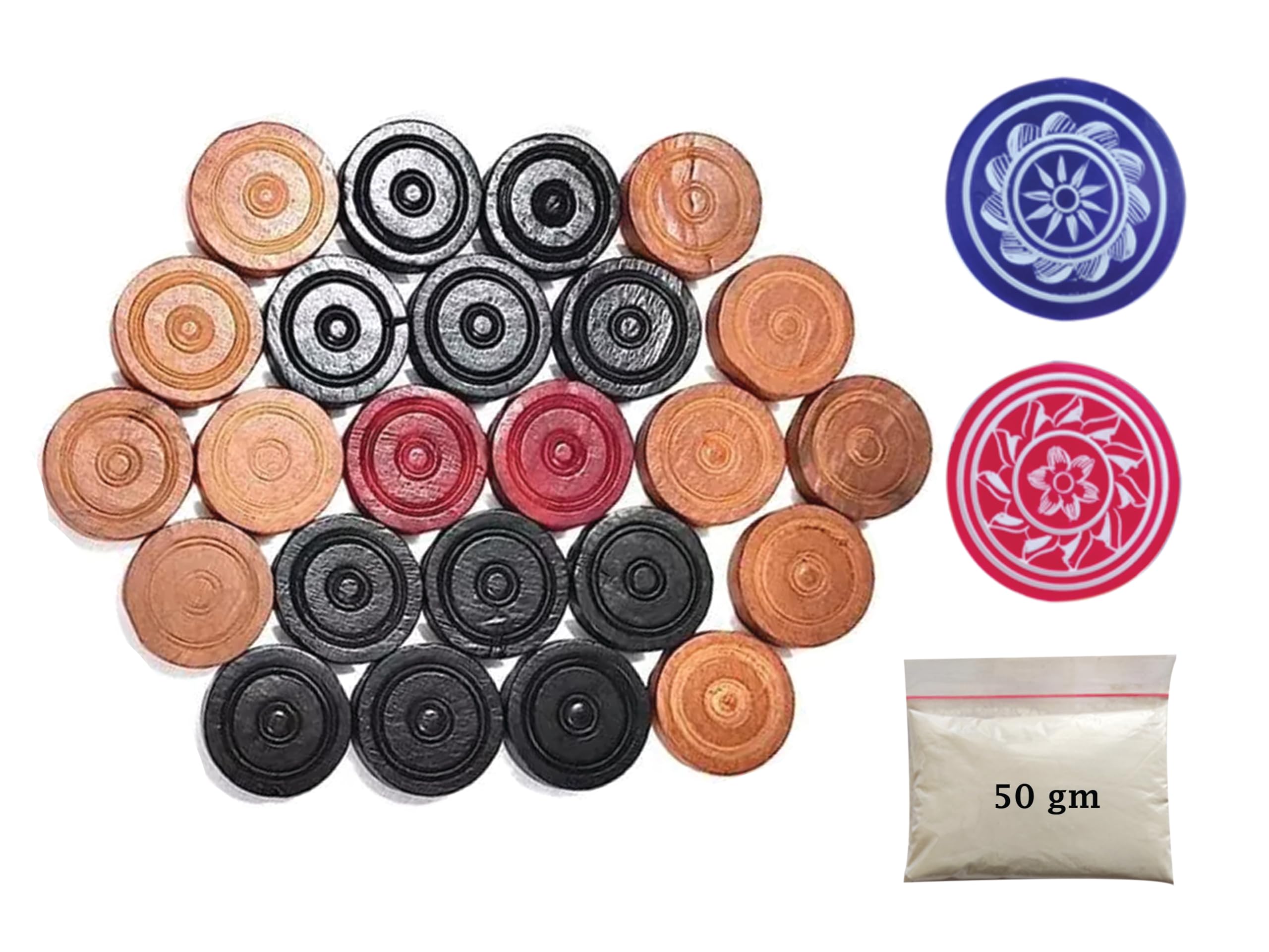 PosterPapaa Wooden Carrom Coins, Stricker and Carrom Powder