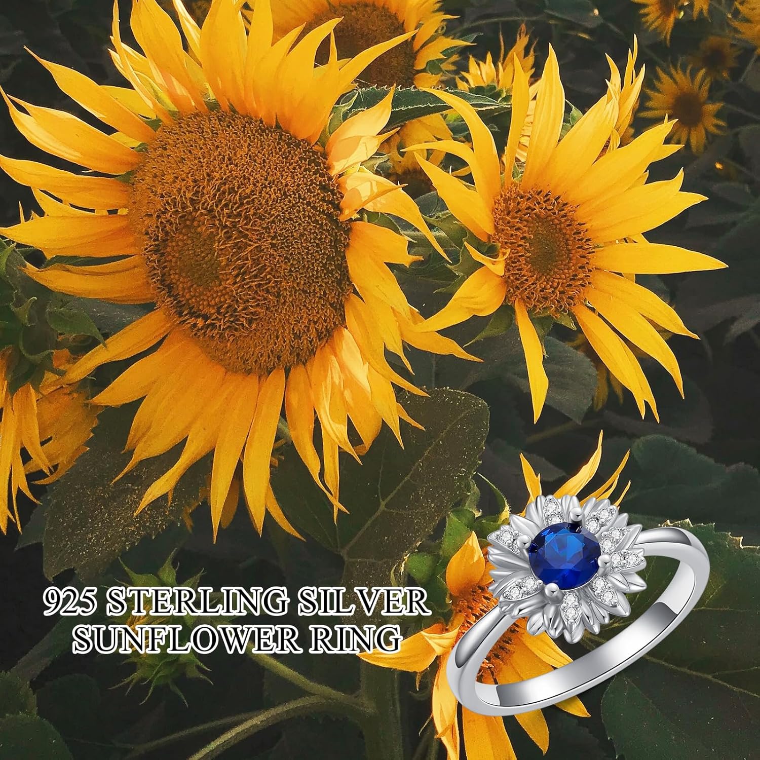 Sunflower Ring for Women 925 Sterling Silver Dainty Sunflower Ring with Blue Topaz Birthstone Daisy Rings Jewelry Gift for Mother Girlfriend. - Image 5