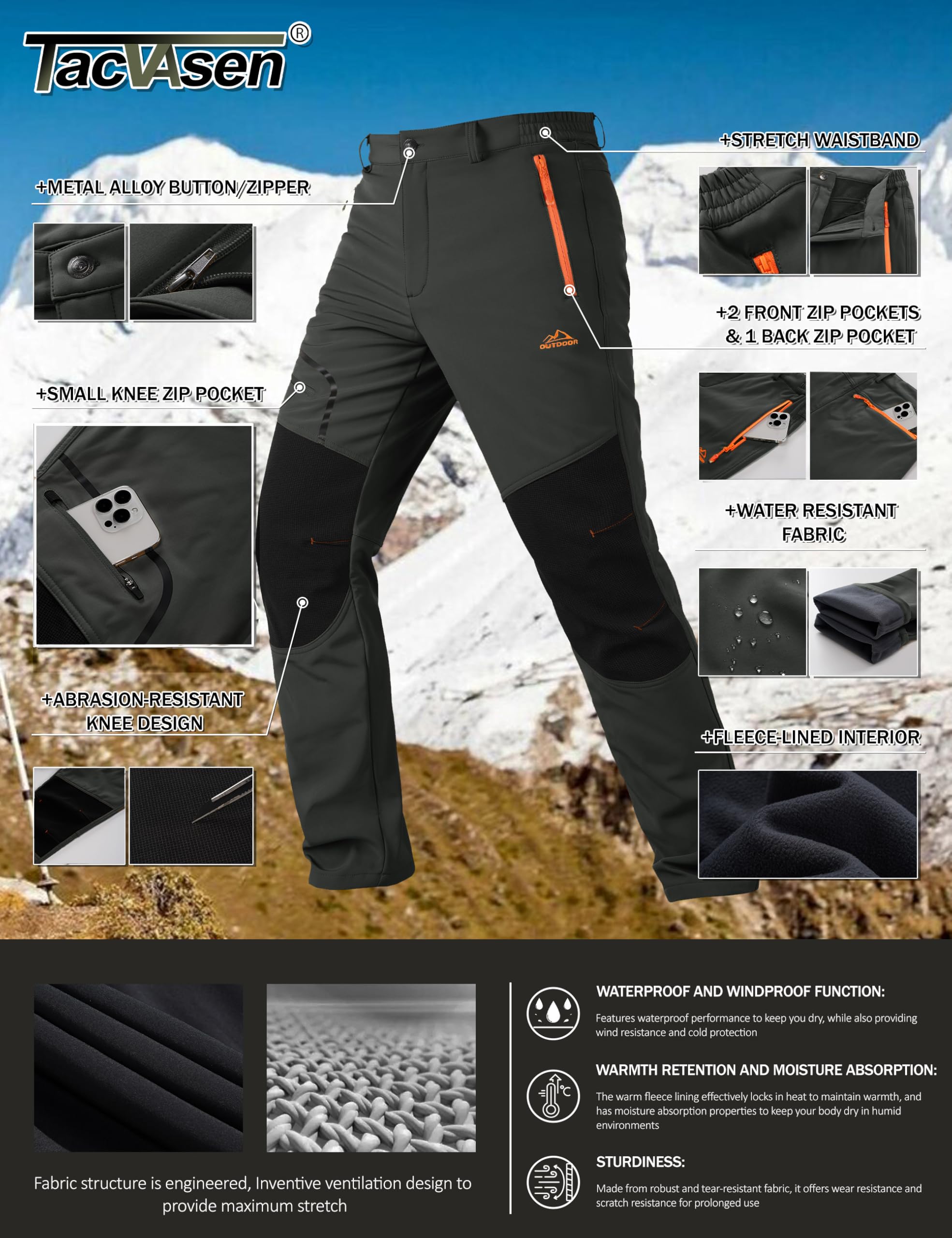 TACVASEN Men's Outdoor Winter Trousers Fleece Softshell Trousers Water-Resistant Hiking Trousers with Zip Pockets — view 6
