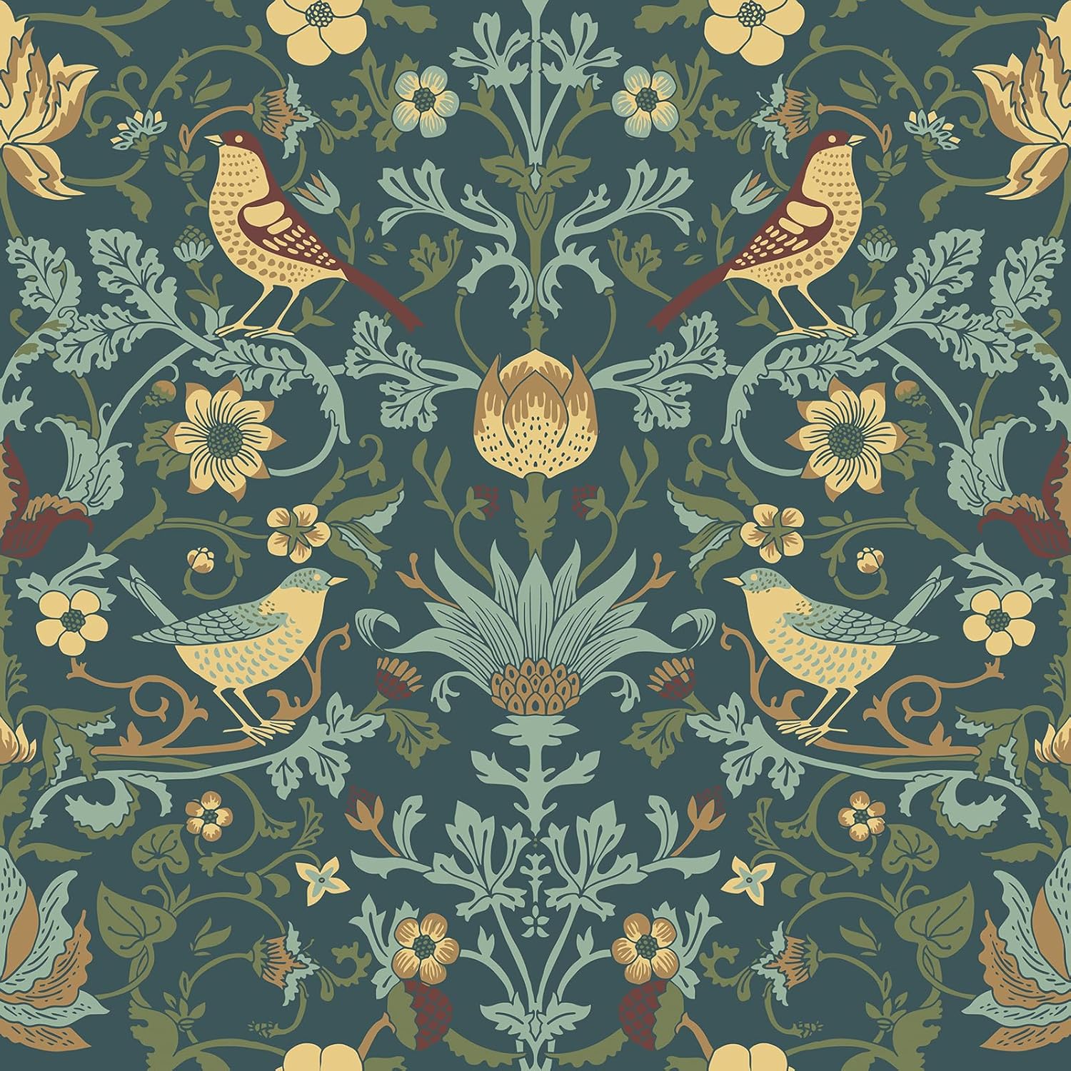WESTICK Dark Green Floral Contact Paper Peel and Stick William Morris Wallpaper Boho Bird Vintage Wallpaper Self Adhesive Art Nouveau Botanical Wall Paper for Bedroom Living Room Cabinets 17.5"x102"
