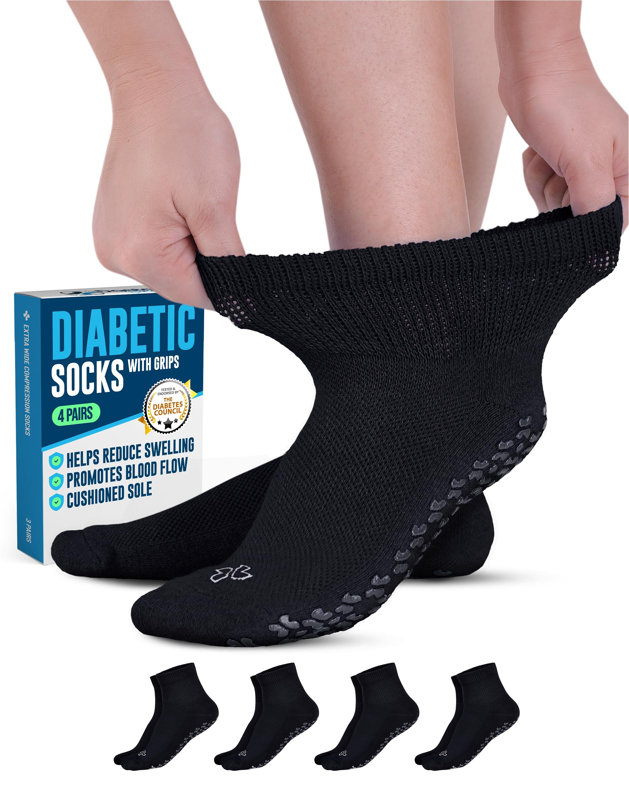 Diabetic Ankle Socks with Grippers for Men and Women - 4 Pair 1/4 Length Neuropathy Socks for Women