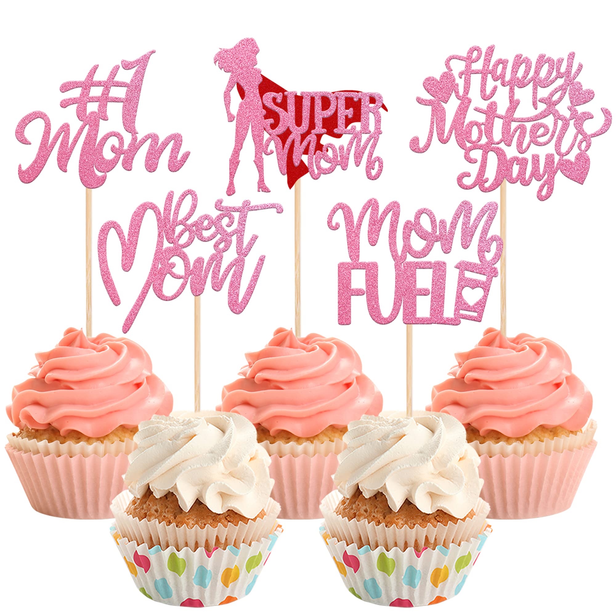 Rsstarxi 30 Pack Happy Mother's Day Cupcake Toppers Pink Glitter Love Mom Best Mom Ever Super Mom Cupcake Picks for Happy Mother's Day Women Birthday Party Cake Decortions