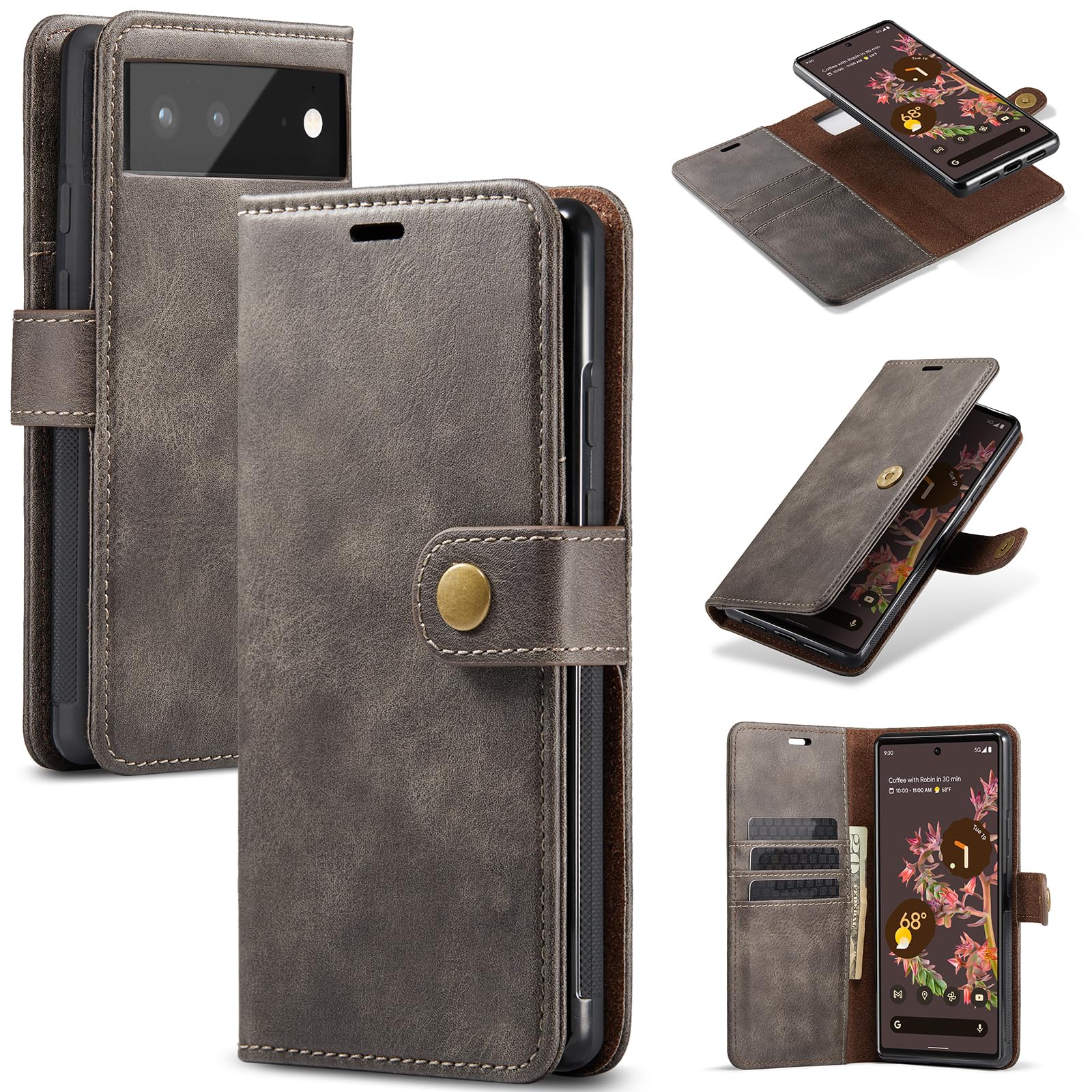 Asuwish Étui de téléphone pour Google Pixel 6 - Portefeuille magnétique amovible avec protecteur d'écran en verre trempé - Emplacement pour carte à rabat - Pixel6 Pixle Six - Pour femmes, hommes,