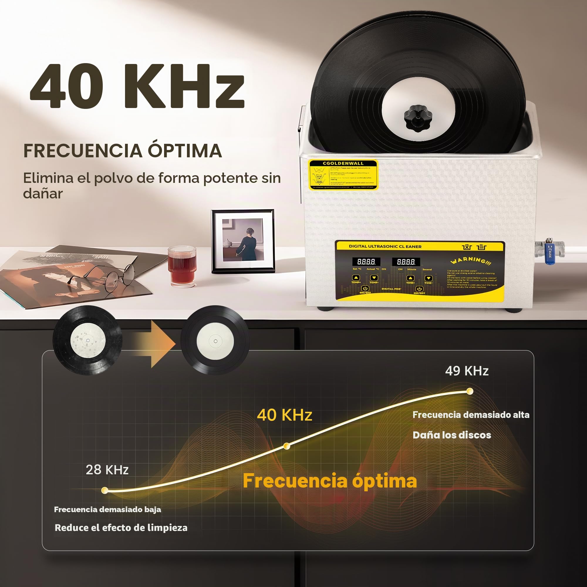 Limpiador Ultrasónico Para Discos 180W 6L Temporizador Digital de 0-30 Minutos y Rotación Automática para Discos de 7/10/12" No Daña la Superficie del Sisco (Rejilla y Cesta de Secado incluidas)