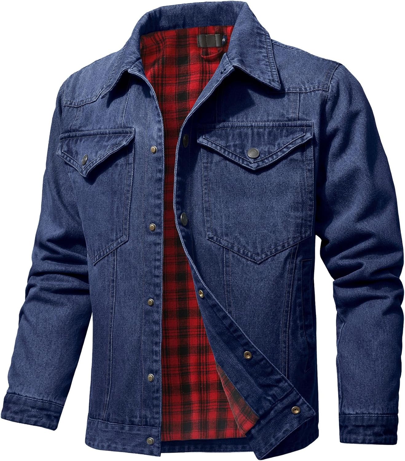 Men's Denim Jacket with Flannel Lined Jean Jackets for Winter Vintage Cowboy Cut Snap Closure Classic Heavy Duty Navy Blue Large