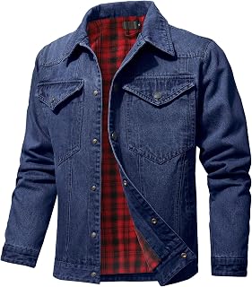 Men's Denim Jacket with Flannel Lined Jean Jackets for Winter Vintage Cowboy Cut Snap Closure Classic Heavy Duty
