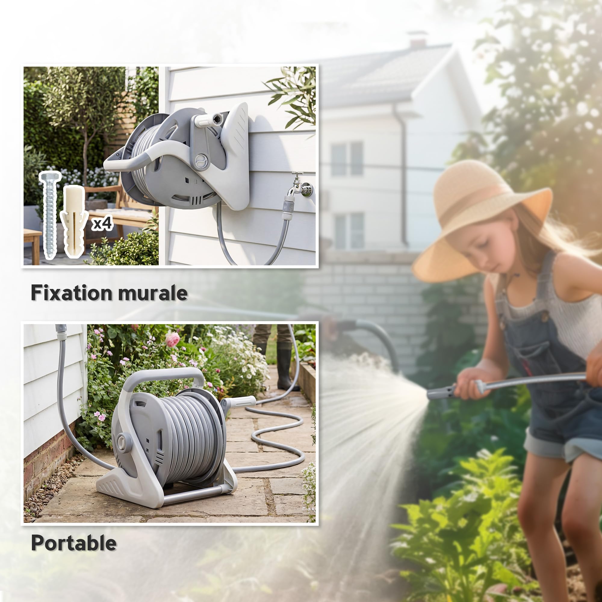 Outsunny Enrouleur Tuyau Arrosage Mural 20+2 m x Ø 15 mm Manivelle Gris | Dévidoir de Tuyaux d'Eau Portable, Buse à 2 Modes, pour Pelouse, Garage, Lavage de Voiture et Arrosage