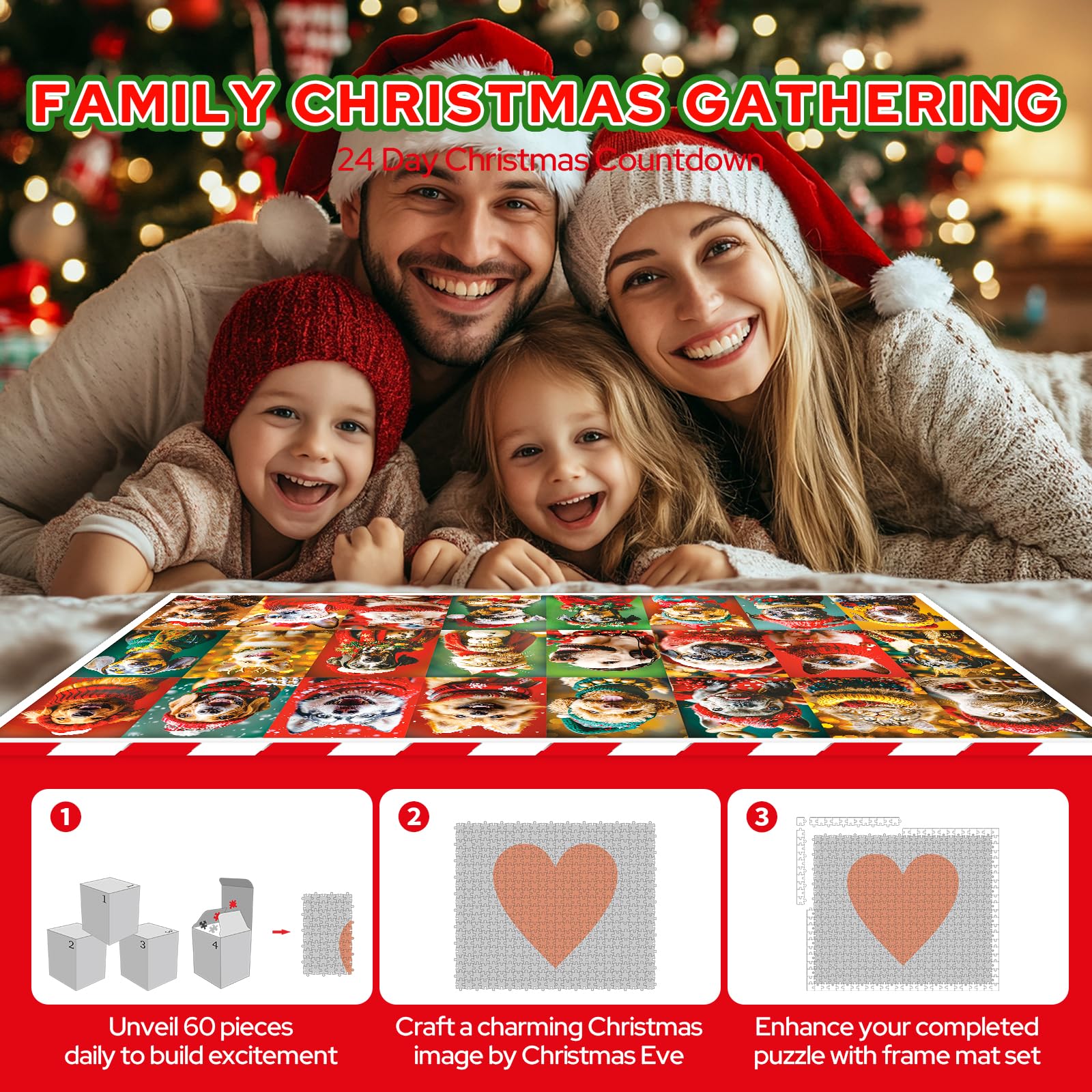 Jigsaw Puzzle Advent Calendar 2024,1600 Piece Seamless Plastic with Xmas Dog & Cat Theme,24 Day Christmas Countdown,No Missing Piece Ever Gift for Kids Adults,28.2 * 18 inch