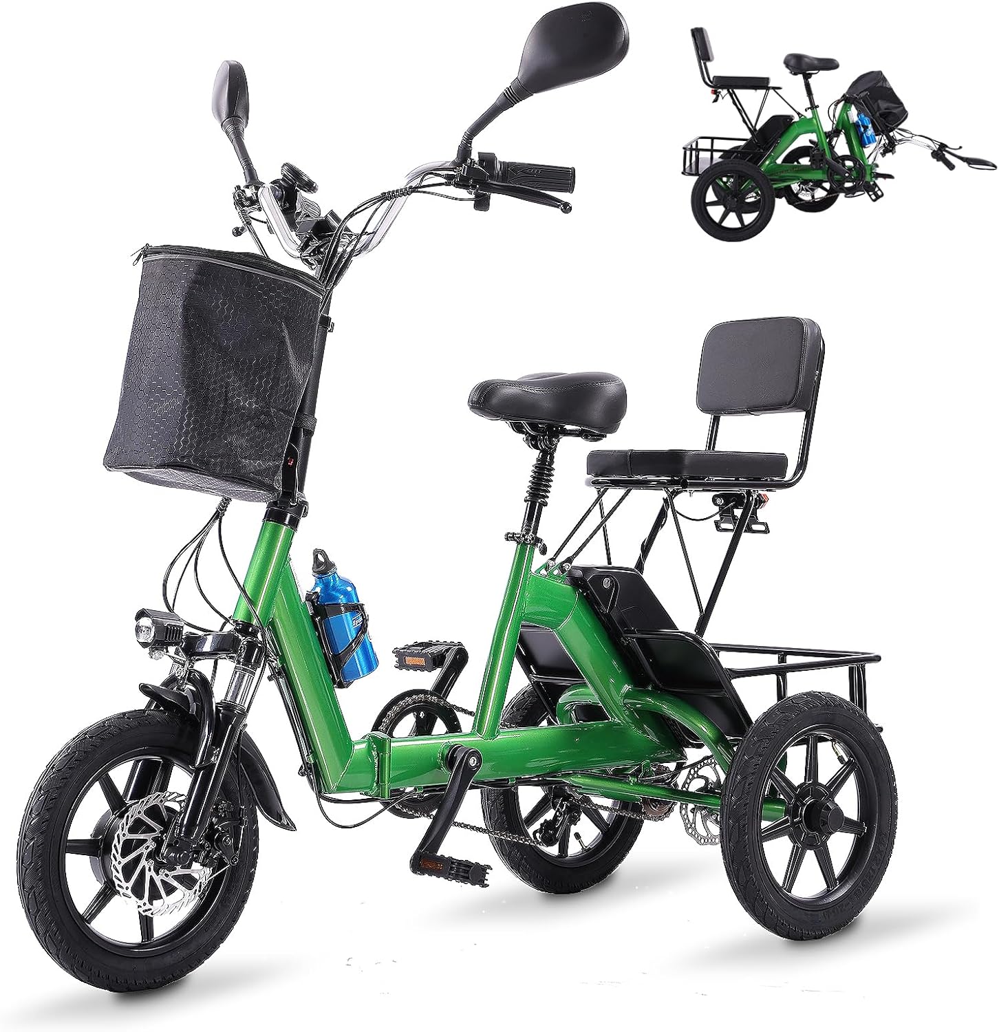 Electric Tricycle for Adults Foldable, 350W(Peak 500W) Folding Electric Trike, 3 Wheel Bikes for Adults with 480Wh Removable Battery, Trike Ebike with 2 Seats and Large Basket for Seniors Women, Green