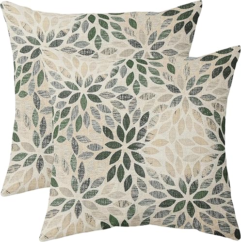 Juego de 2 fundas de almohada de dalia verde salvia crema de 18 x 18 pulgadas, rústicas, geométricas, primaverales, florales, para exteriores,
