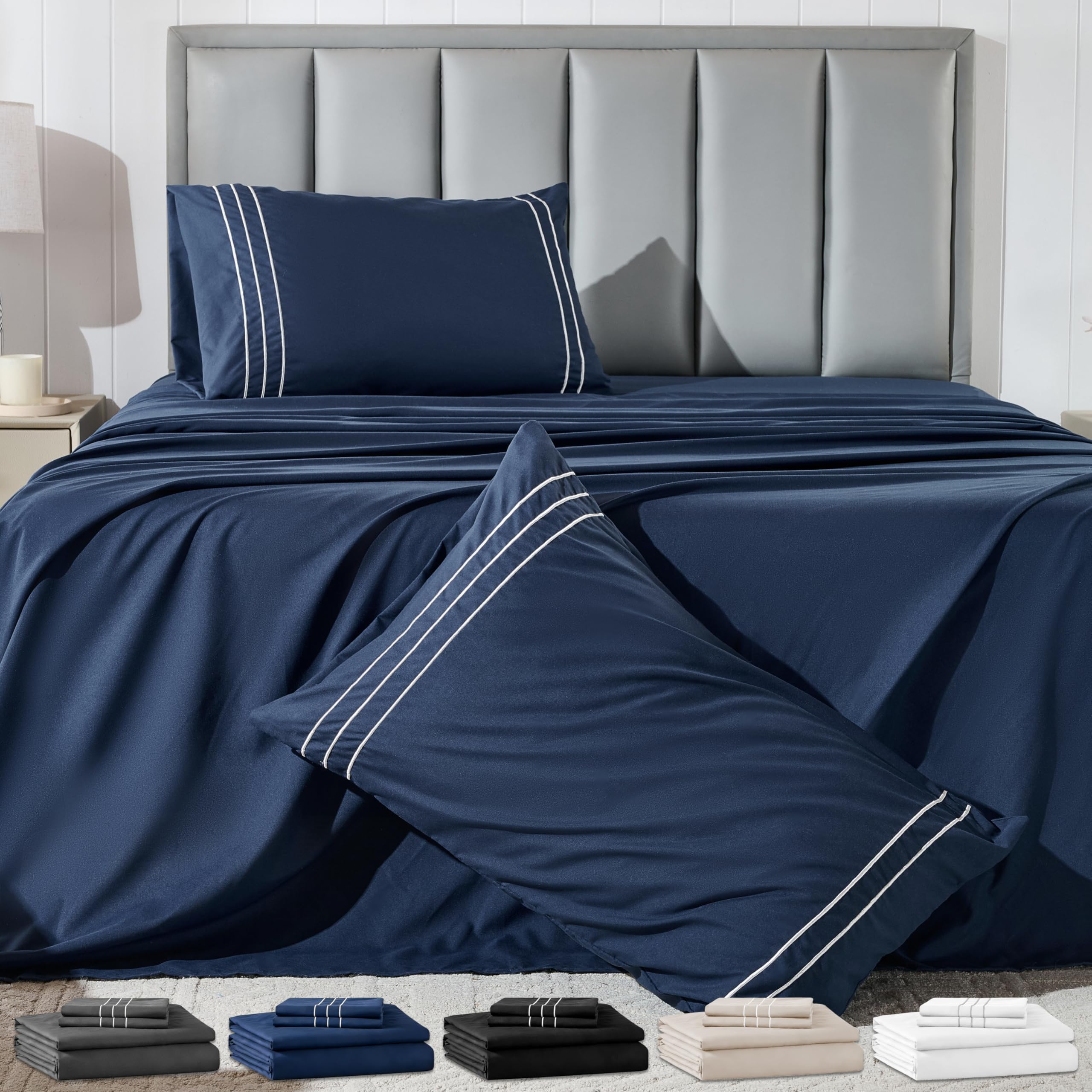 Baskbed Queen Size 4 Piece Sheet Set with Embroidered Pillowcases, Ultra-Soft Mi...
