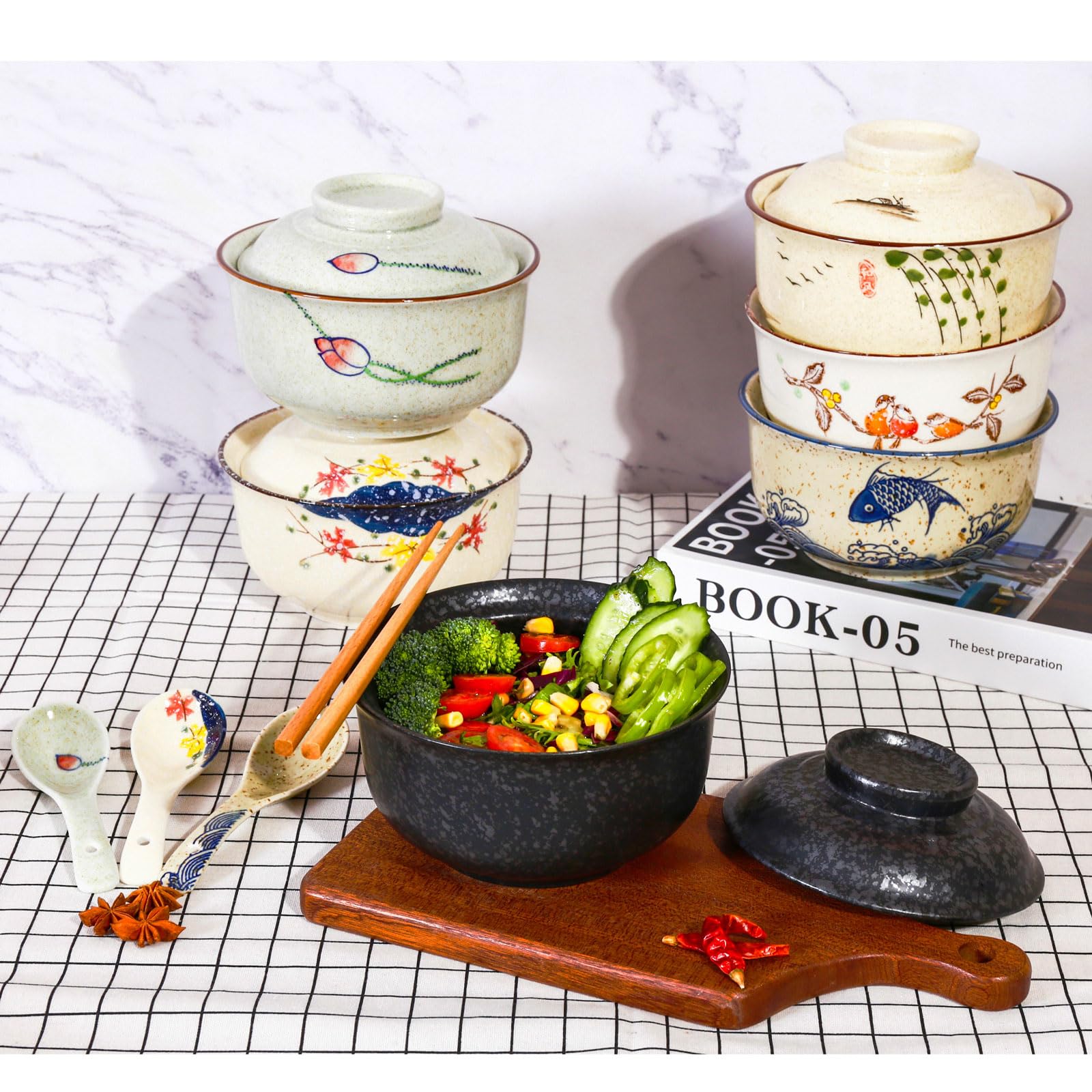Juego de cuencos de cerámica para ramen de 800 ml con tapa, cuchara y palillos, cuencos de sopa grandes vintage japoneses, cuenco de fideos instantáneos, vajilla asiática (Negro*2)