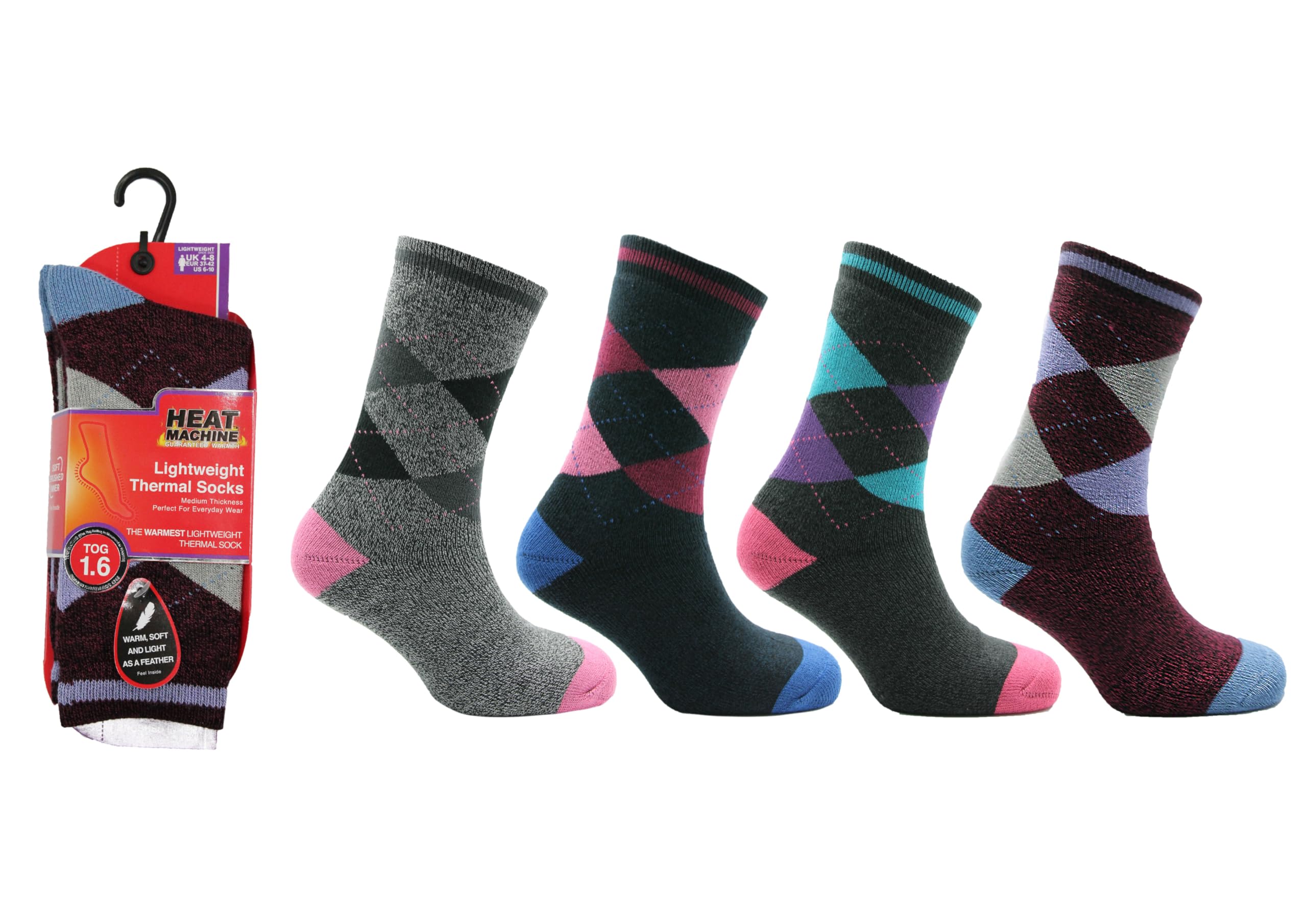 Heat Machine Women's Argyle Thermal Lite Socks 3 Pairs | 1.6 Tog Warm Winter Thermal Socks For | Lightweight, Soft & Cosy Everyday Boot Socks (Uk, Numeric, 4, 8, Regular, Regular, )