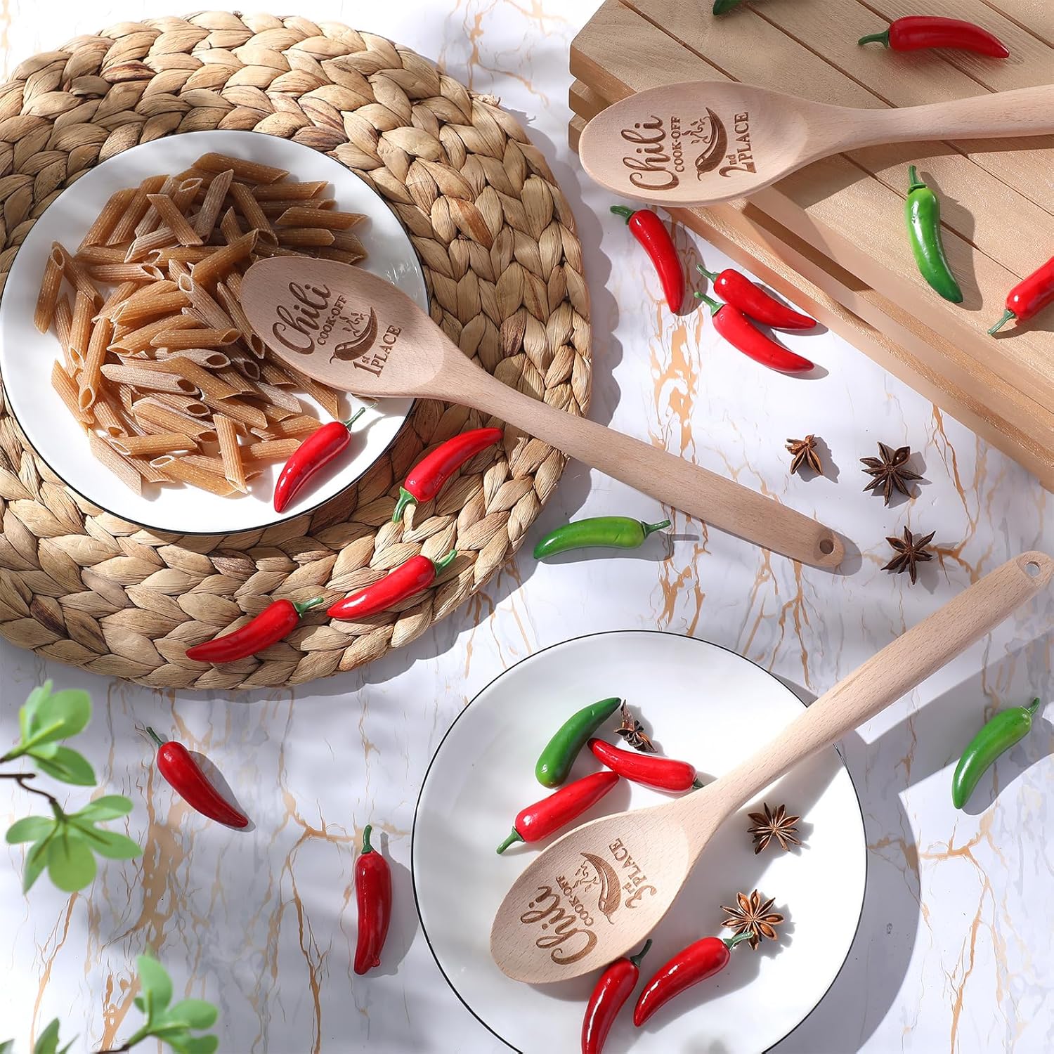 Soaoo Set of 3 Chili Cook Off Trophy Wooden Spoon Prizes Chili Engraved Cooking Spoons for 1st 2nd 3rd Cooking Competition Award(Carved at Spoon Surface) - Image 3