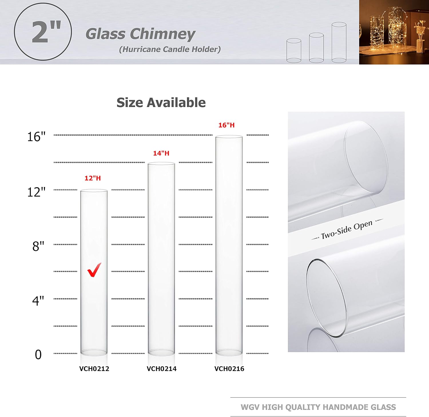 WGVI Hurricane Candle Holder Sleeve, Wide 2", Height 12", Clear Glass Cylinder Open Both Ends, Chimney Tube, Open Ended Candle Shade, 2 Pieces - Image 3