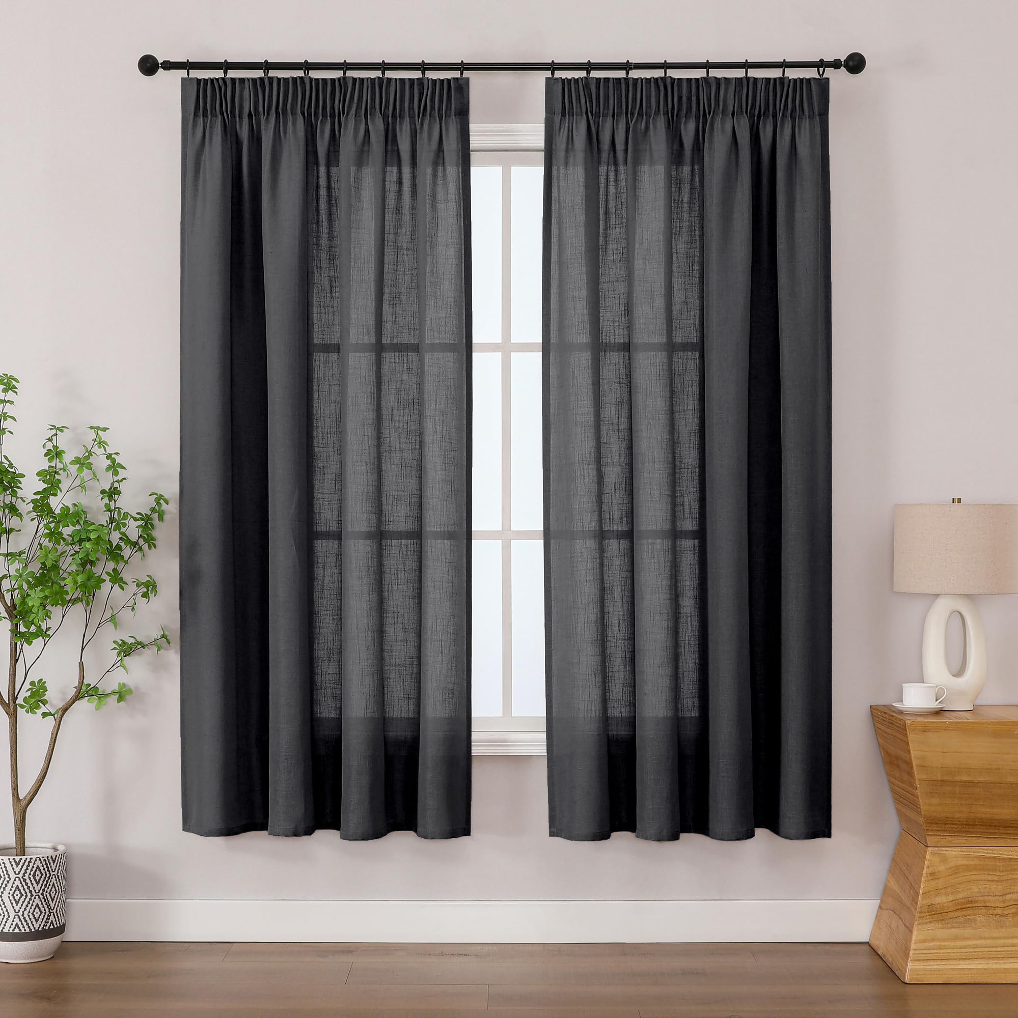 Simplebrand Black Linen Blend Pencil Pleat Curtains, Light Filtering Semi-Sheer Textured Window Drapes for Privacy, 2 Panels for Kitchen, Bedroom & Home Office, W140 x L163 cm