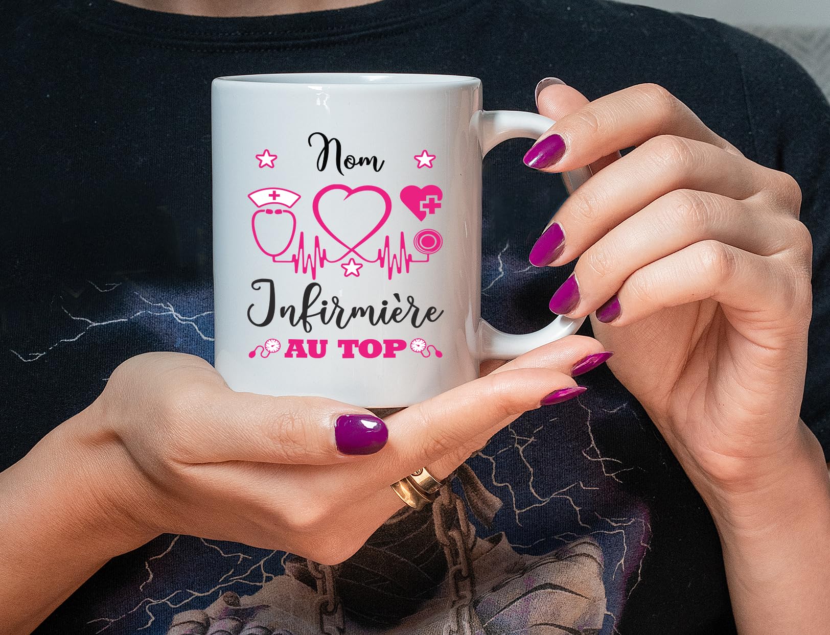 Mug Personnalisé Infirmière – Noir – Prénom Texte – Cadeau Noël Anniversaire – Unigift