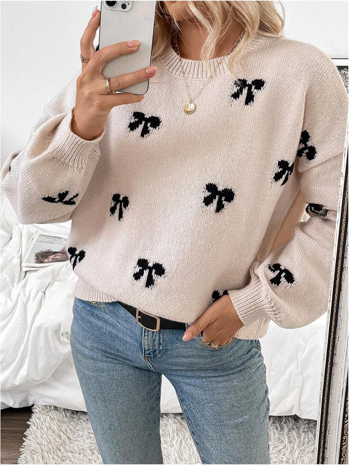 Women's Y2K Bow Sweater Cozy Fall Winter Sweaters Christmas Knit Crewneck Long Sleeve Drop Shoulder Pullovers - Image 5