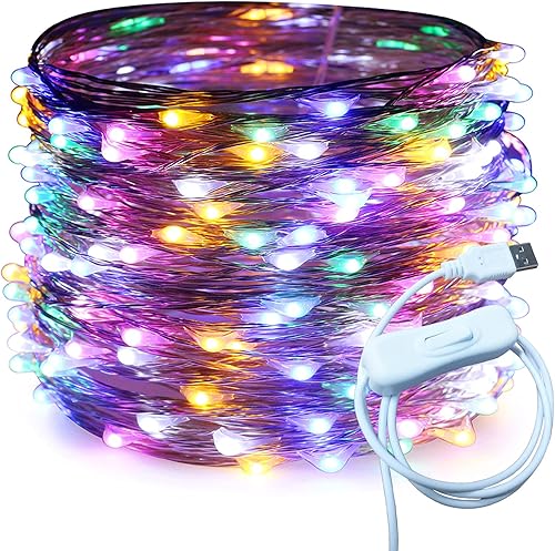 RUICHEN Cable plateado de 66 pies con 200 luces LED USB con interruptor de encendidoapagado (multicolor)