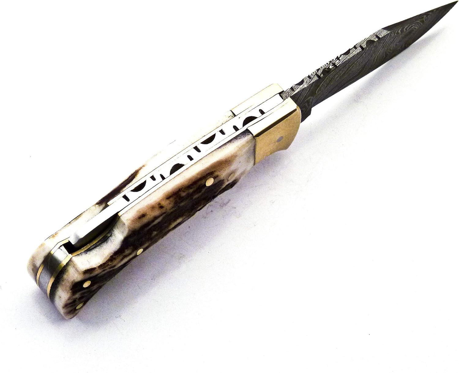 Skokie Knives Custom Hand Made Damascus Steel Hunting Pocket Folding Knife with Handle Stag Antler (S.F)