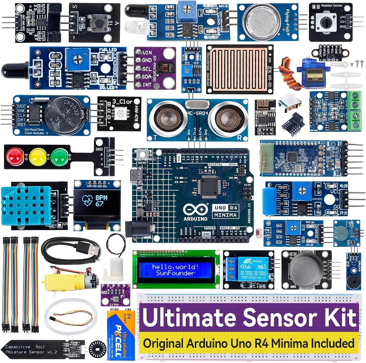 SunFounder Ultimate Sensor Kit con Arduino Uno R4 Minima original, compatible con RoHS, sensores duraderos IoT ESP8266 IIC LCD1602 OLED, tutoriales en línea y cursos en vídeo para principiantes e ingenieros