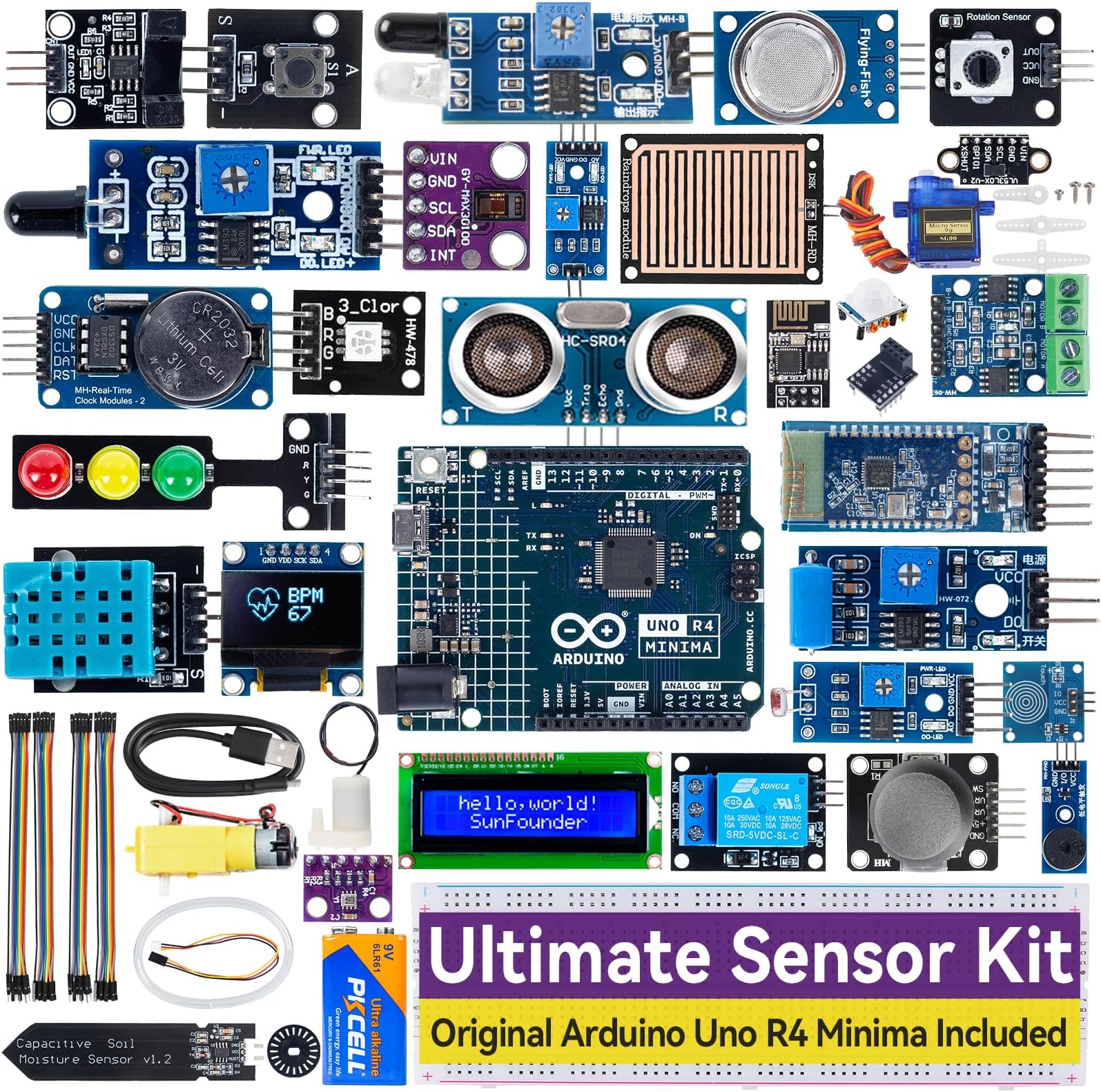 Sensors Kit with Original Arduino Uno R4 Minima, Smart IoT & Basic Sensor Projects with Online Tutorials, Suitable for Age 8+ Beginners (Original Arduino Uno R4 Minima Included)