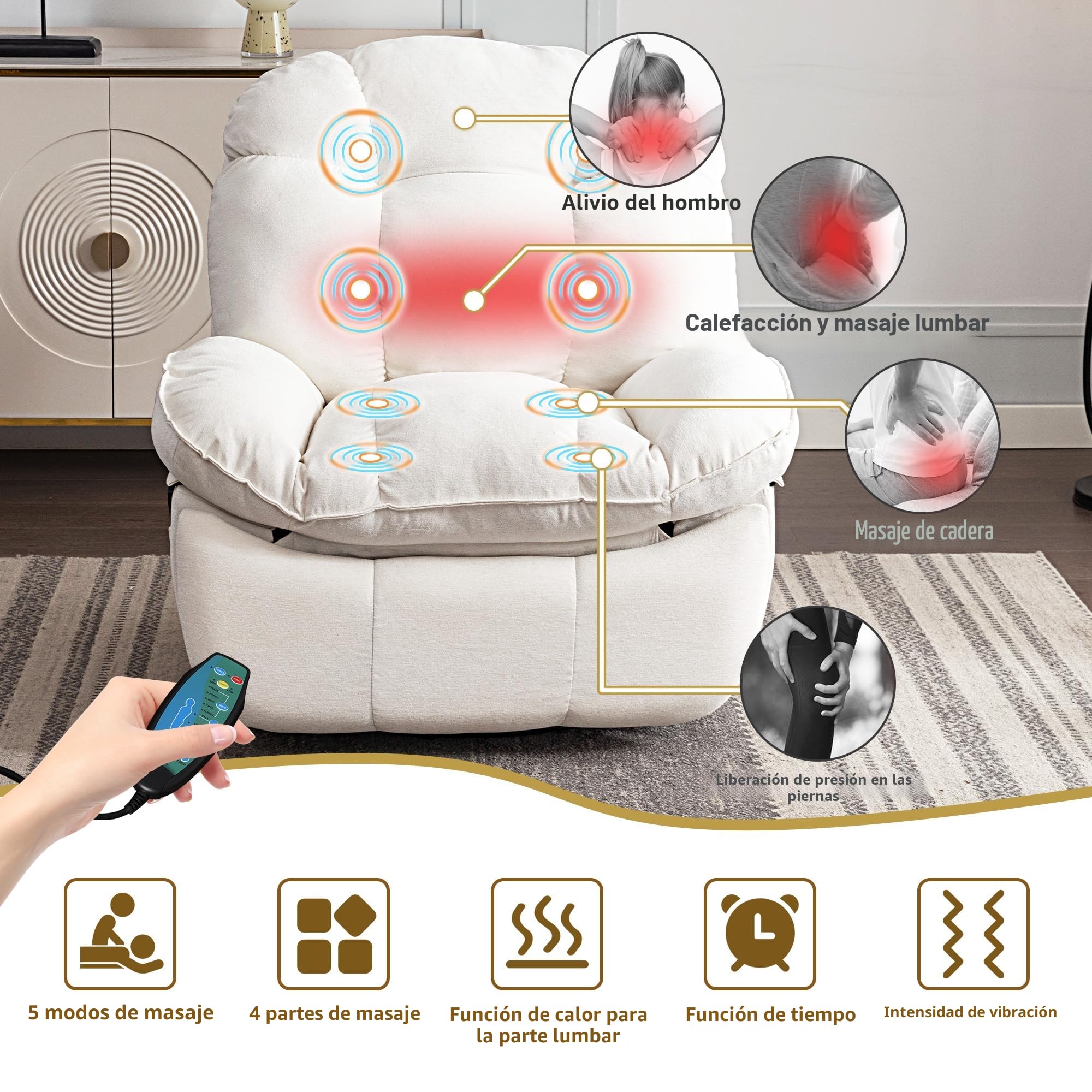 Sillón Relax Reclinable Eléctrico con Calefacción, Puertos de Carga USB-A y USB-C para Dormitorio, Salón, Estudio (Blanco)
