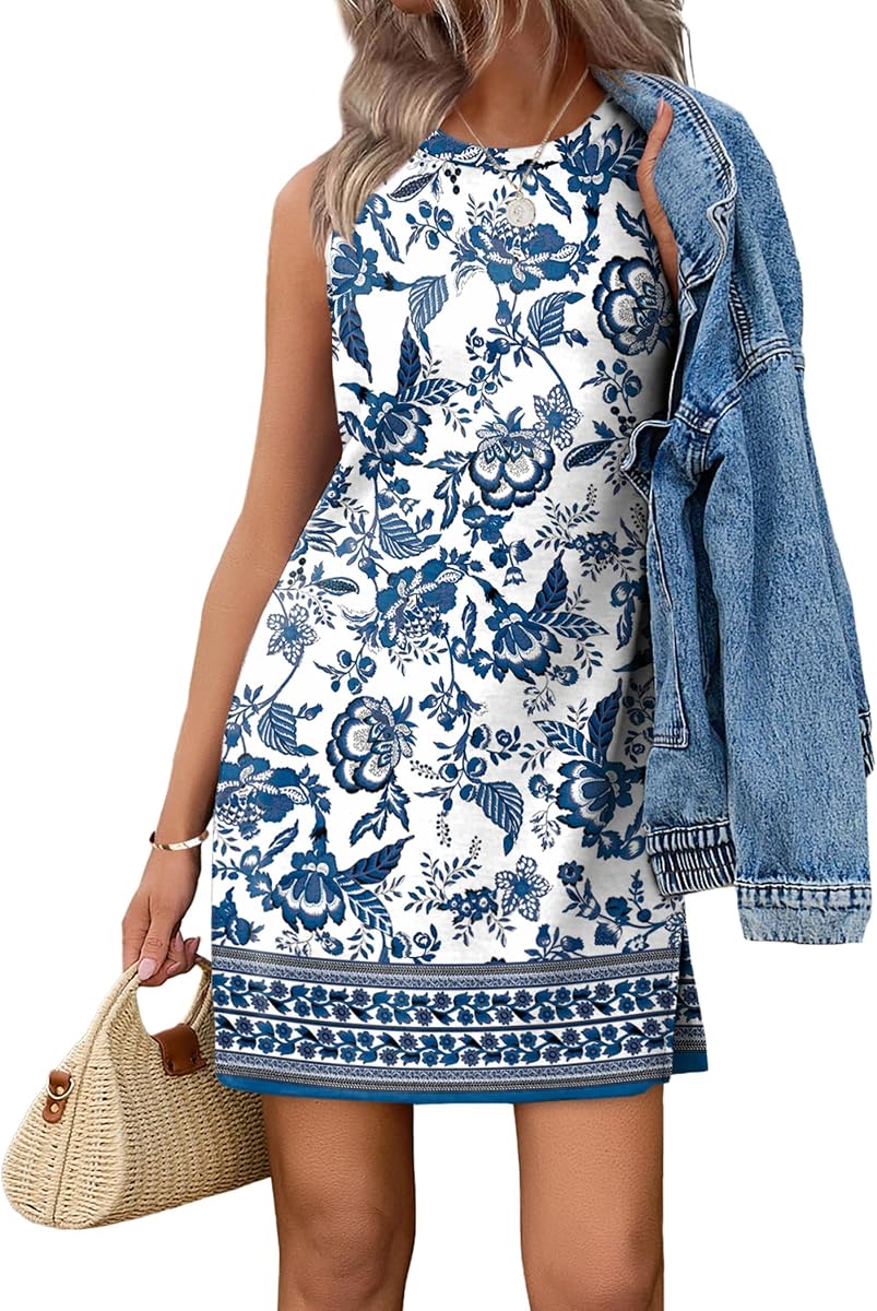 WIHOLL Vestidos casuales para mujer cuello redondo sin mangas vestido sin mangas verano primavera Boho ropa de vacaciones