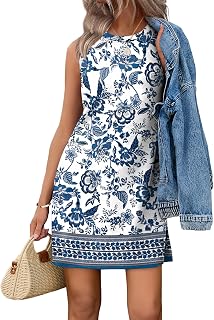 WIHOLL Women's Sleeveless Crew Neck Tank Dress, Lightweight Casual Summer Boho Vacation