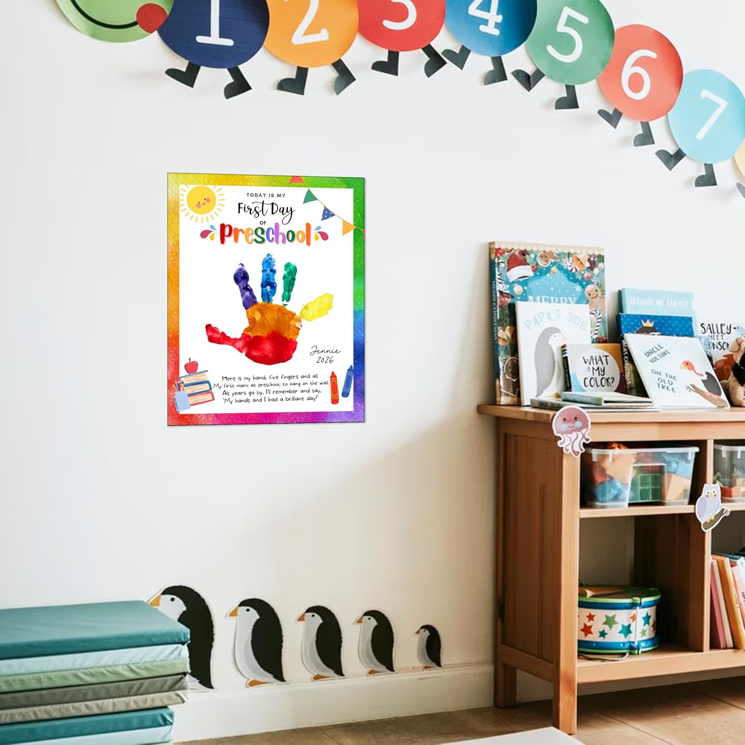 Custom Today is First Day of Preschool Crafts 10 Pcs DIY Handprint First Day of School Kit, PreK Cards, Fun Back to School Crafts and Classroom Memory Activities, Children Keepsake, Birthday Gifts