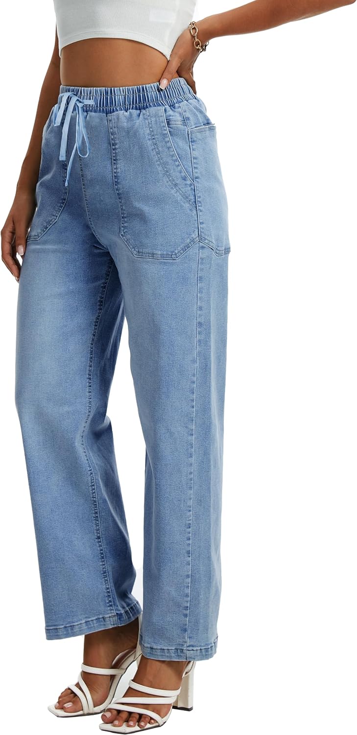 HVEPUO Women Wide Leg Jeans Stretchy Baggy High Waisted Denim Pants Pull On Straight Leg Casual Drawstring Trousers Fall 2025 - Image 2